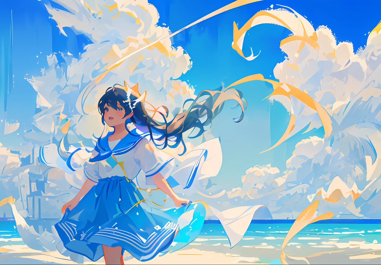 tmasterpiece，best qualtiy，ultra - detailed，illustratio，sportrait，1girl  2. Blue sky and white sand beach：Women strolling on the white and delicate sand，Above is the reflection of a bright blue sky in clear water。A gentle breeze ruffled her hair，Her eyes twinkled with joy。