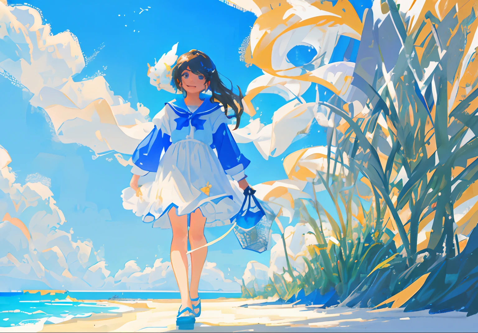 tmasterpiece,best qualtiy,ultra - detailed,illustratio,sportrait,1girl 2. Blue sky and white sand beach:Women strolling on the white and delicate sand,Above is the reflection of a bright blue sky in clear water。A gentle breeze ruffled her hair,Her eyes twinkled with joy。