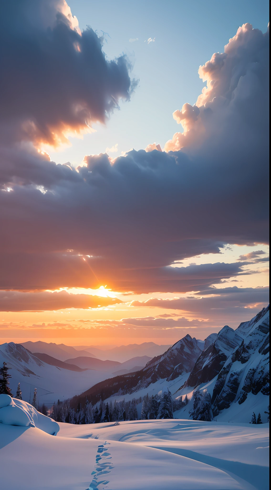 Skysky,the setting sun,Strange clouds,Thick snow,ice mountain,8K wallpapers,extreme beautiful,winning artwork,perfect compositions