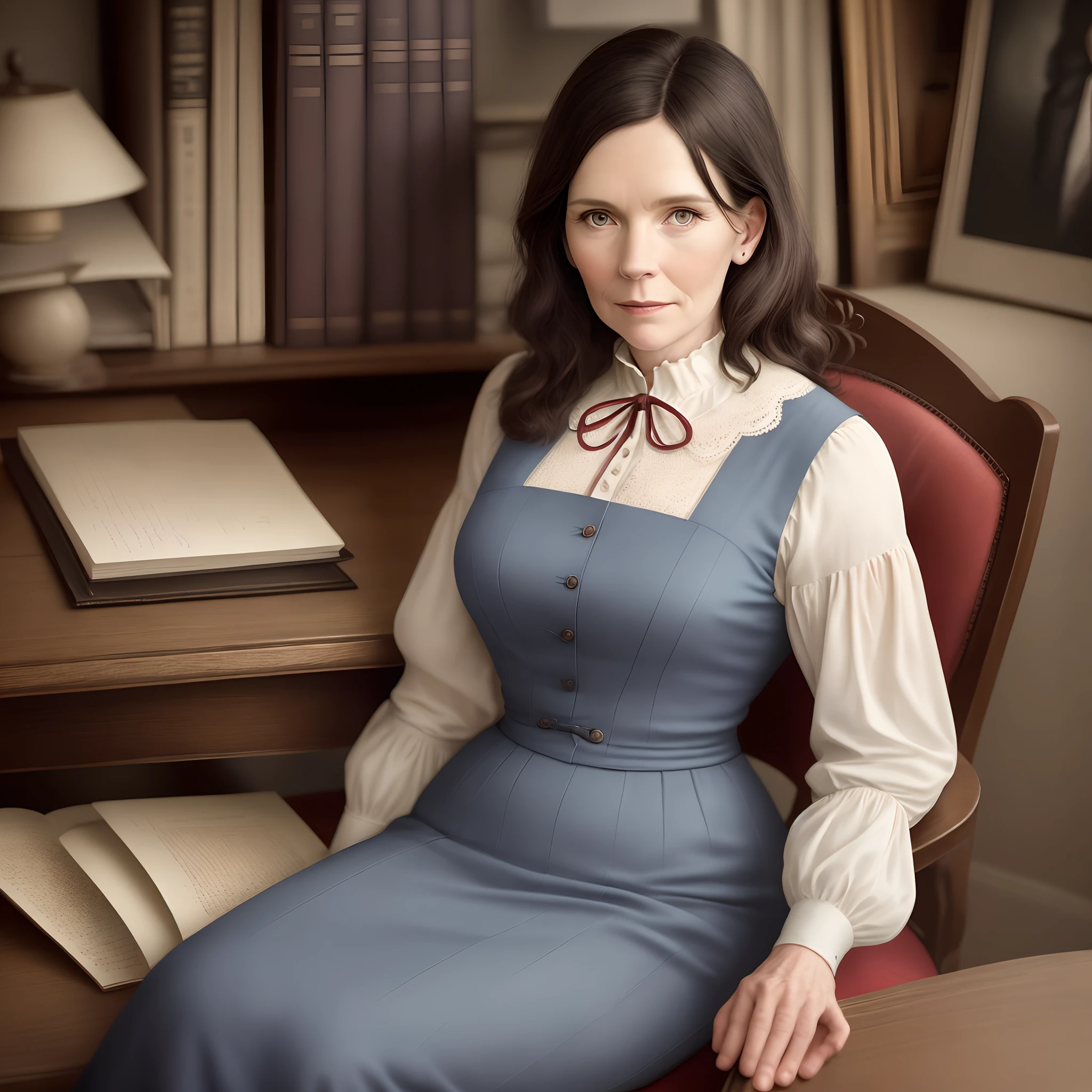 Dark-haired 55-year-old woman in 19th century clothes sitting at a desk, realistic photo in the style of erwin Olaf