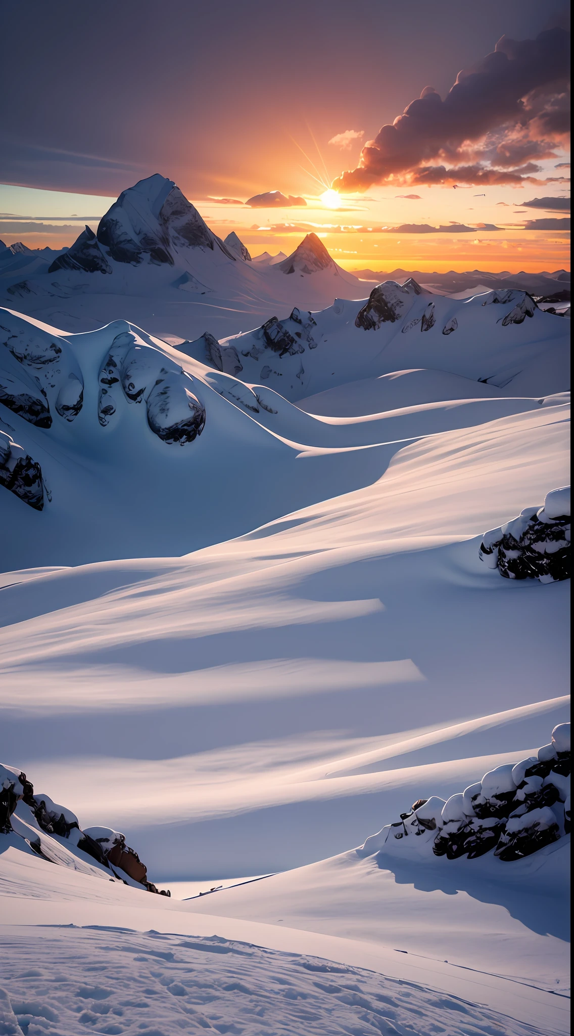 Skysky，the setting sun，Strange clouds，Thick snow，ice mountain，8K wallpapers，extreme beautiful，winning artwork，perfect compositions