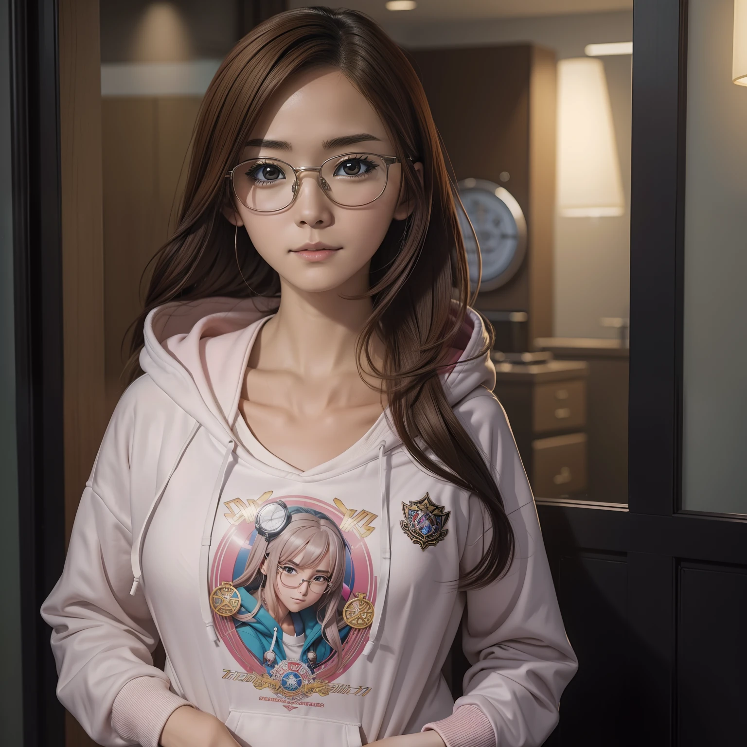 A closeup of an Asian woman with glasses and a hoodie, Anime Sen no estilo Kiseki, Marin Kitagawa Fanart, em estilo anime, em estilo anime, foto de perfil 1024px, Estilo anime 2D, fanart urbana, nanogirlv 2, Garota de anime cyberpunk com capuz, Retrato estilo anime, portrait of a female anime hero, personagem estilo anime, rindo