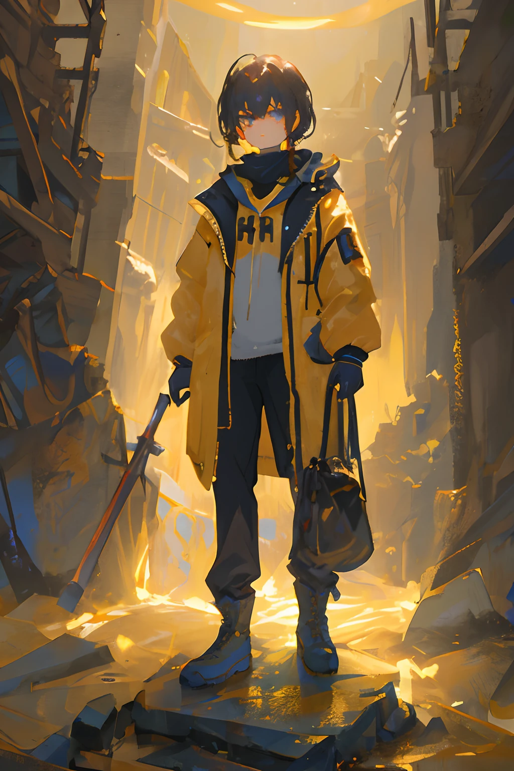 1. Mysterious gold ruins:A young and beautiful explorer dressed in a golden adventure suit,Stand in front of an ancient ruins shining with golden light in hand with your exploration tools,Her eyes were filled with curiosity and adventurous courage。