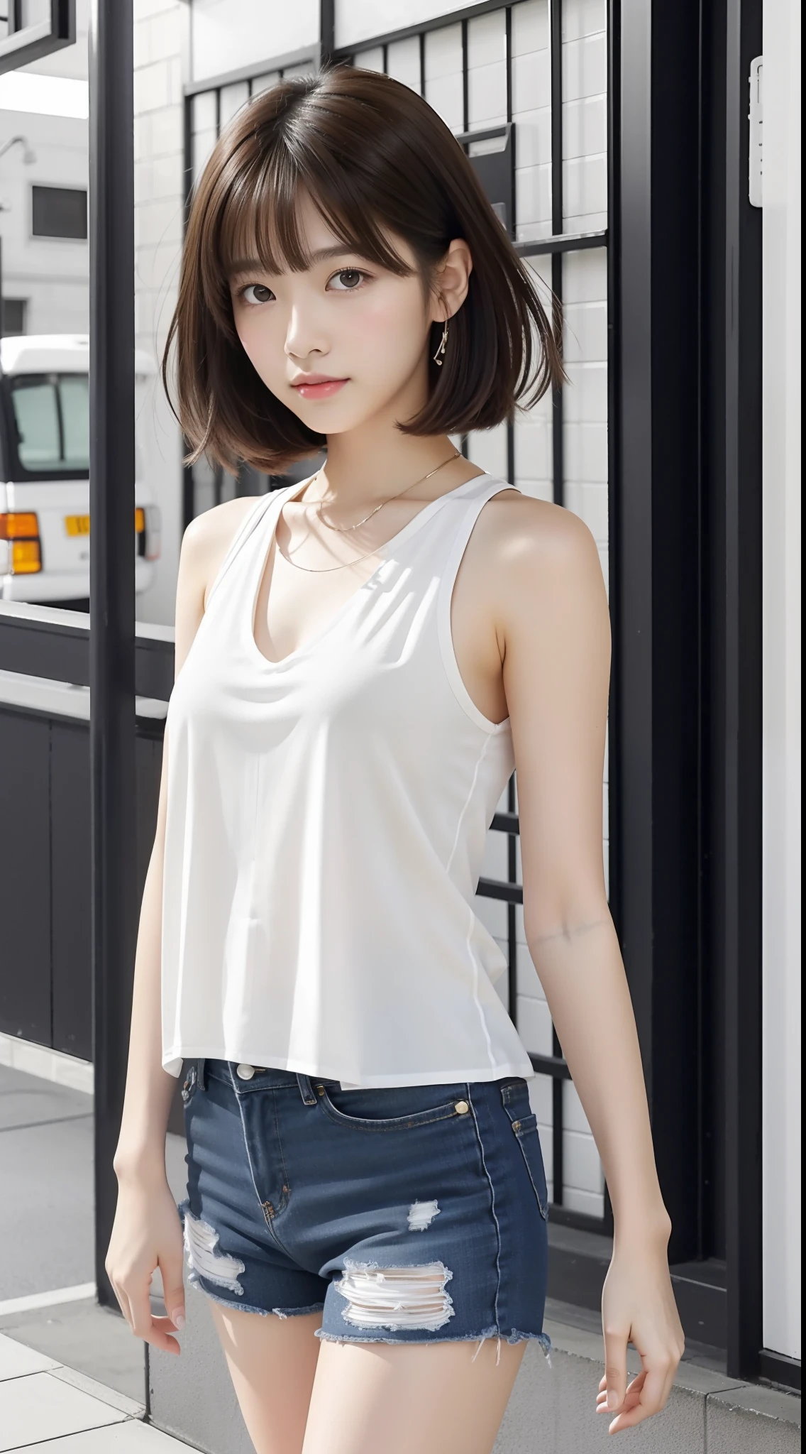 1girl in、夏天、japanese street、short brown haired、Clear focus:1.2、Highly detailed facial and skin texture、top-quality、8K、full body Esbian、beauty legs、Kawaii Girl、walking in city、realistic skin textures、high-level image quality、Tank Tops、tight miniskirt、beauty legs、sandal