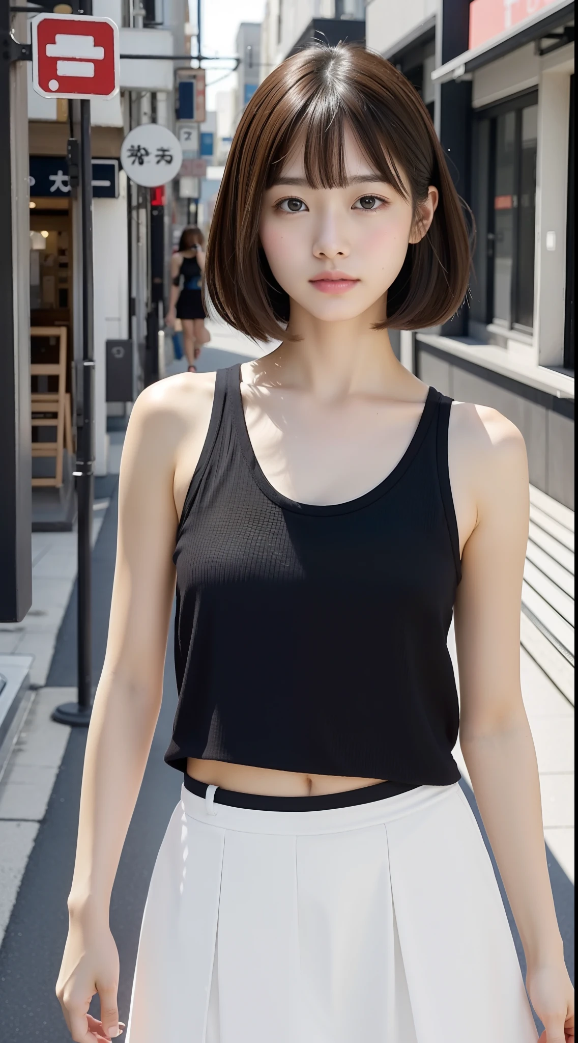 1girl in、夏天、japanese street、short brown haired、Clear focus:1.2、Highly detailed facial and skin texture、top-quality、8K、full body Esbian、beauty legs、Kawaii Girl、walking in city、realistic skin textures、high-level image quality、Tank Tops、tight miniskirt、beauty legs、sandal