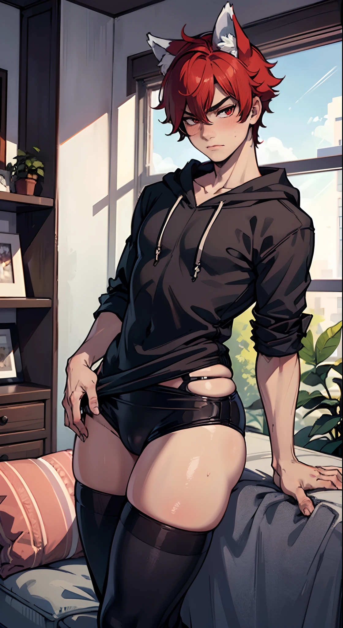 ((((((1boy)))))), fluffy red hair, wolf ears, wolf tail, slim figure, ((pale skin)), RED eyes, dead expression, living room setting, seductive smug, baggy black hoodie, lean figure, big thighs, very slim waist, extremely big butt, bulge, thigh highs, blush