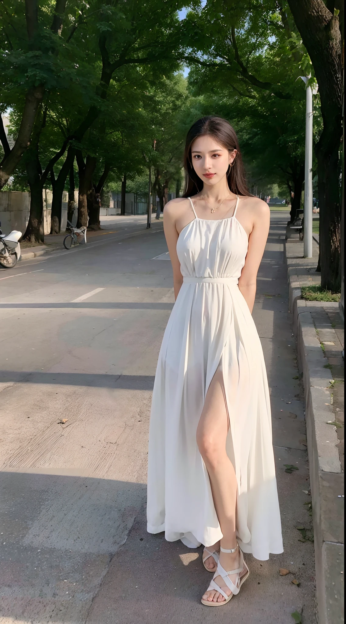 Arad woman in white dress standing on the sidewalk, Long dress, Long white dress, light half opened dress, Wearing a white flowing dress, Women's long skirt, floating dress, flowing white dress, beautiful long white dress, wearing flowing dress, wears a white dress, simple dress, White dress, opened dress, tall thin beautiful goddess