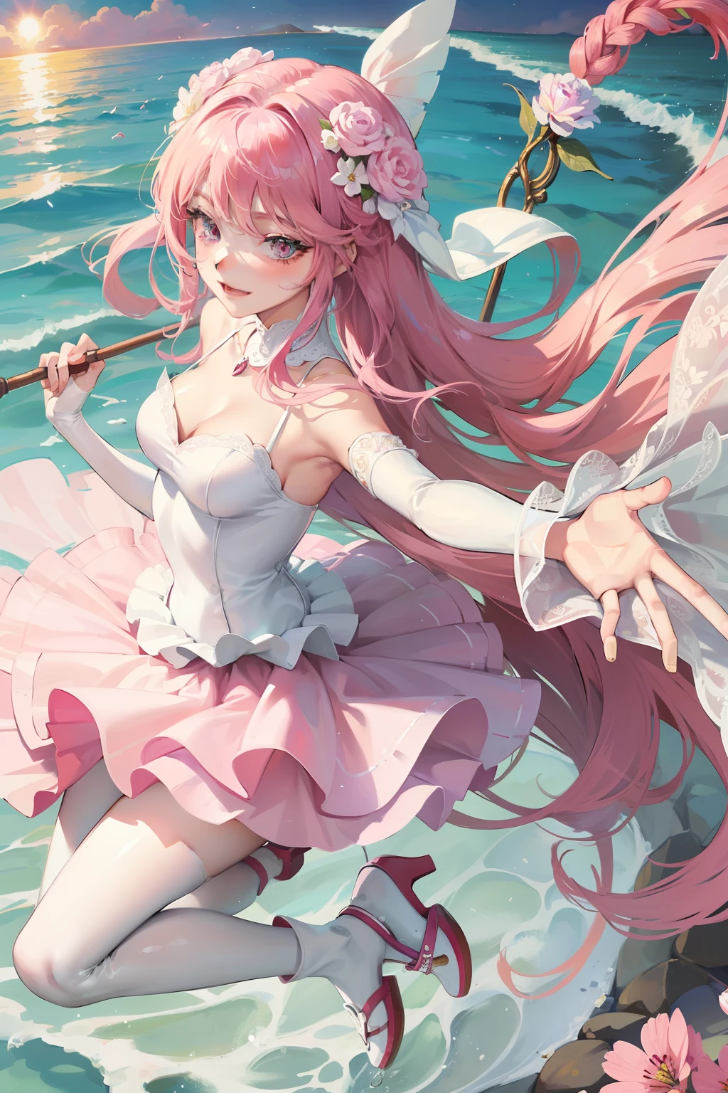 A 20-year-old girl full of confidence and love,with pink hair,A wedding dress,white Heels,Big eyes of the water spirit,There is love in his eyes,confident smile,Cherry small mouth,holding a staff,Hand caresses a sea of pink tulip flowers