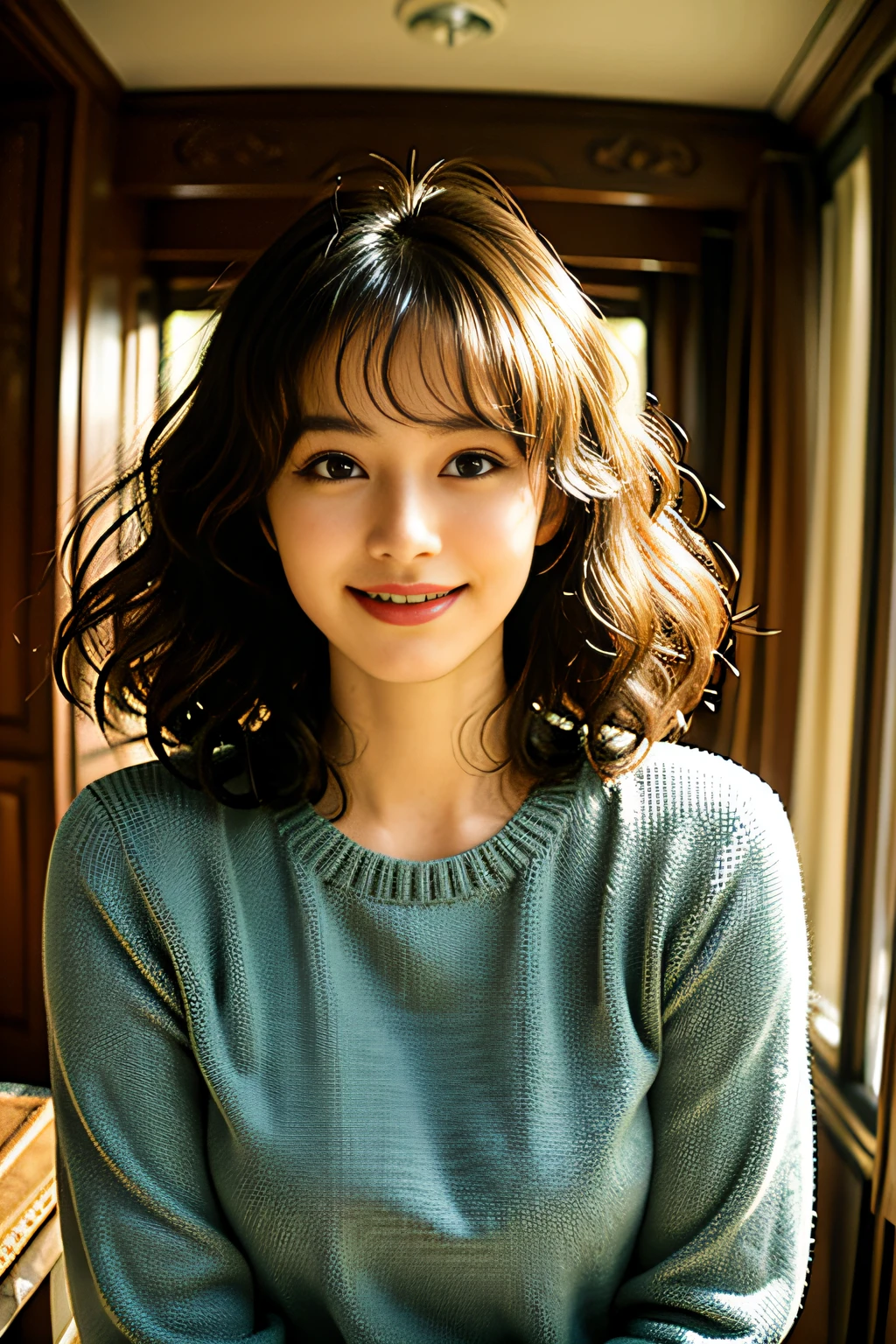 1girll,Fake smile,Curly hair,rejuvenation,Retro,Beautiful scenery，softlighting
