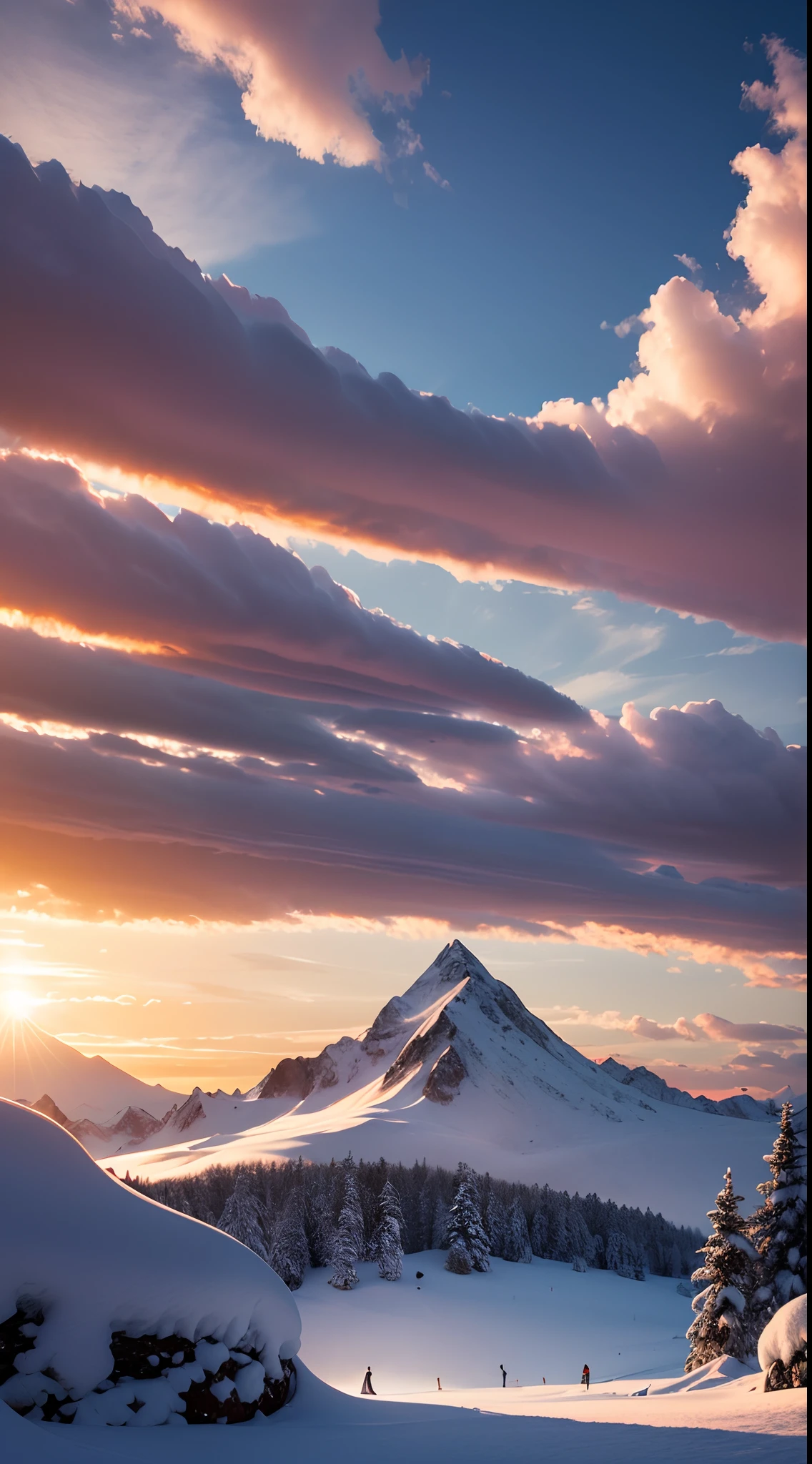 Skysky,the setting sun,Strange clouds,Thick snow,ice mountain,8K wallpapers,extreme beautiful,winning artwork,perfect compositions