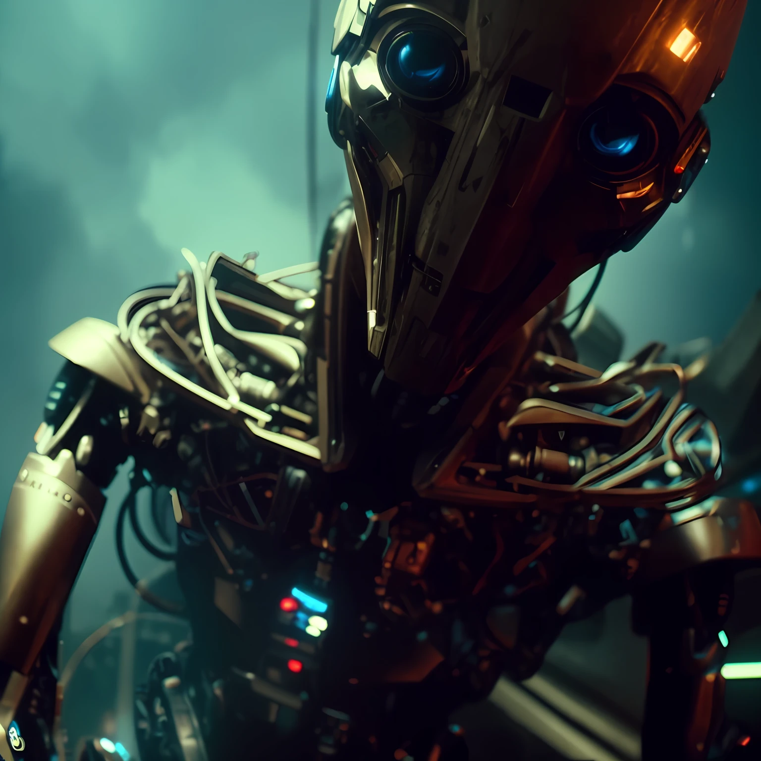 there is a robot with a large head and a long neck, movie still of a alien cyborg, movie still of a cyborg, movie still of a cool cyborg, movie still of a villain cyborg, sci-fi cinematic movie still, cinematic scifi shot, sci - fi film still, movie still of aztec cyborg