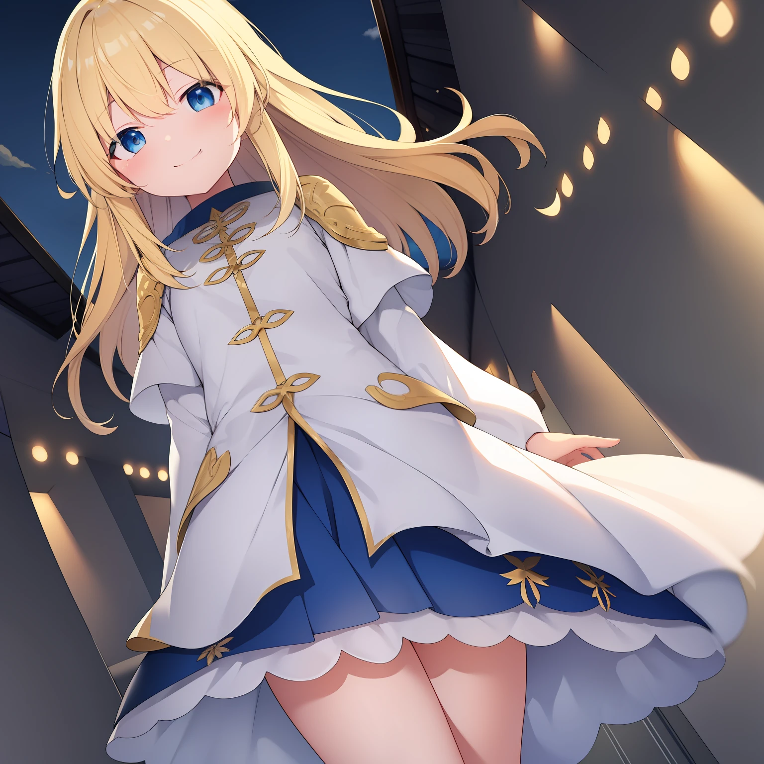 light glow、a blond、blue eyess、skirt by the、Flipping by hand、Smile