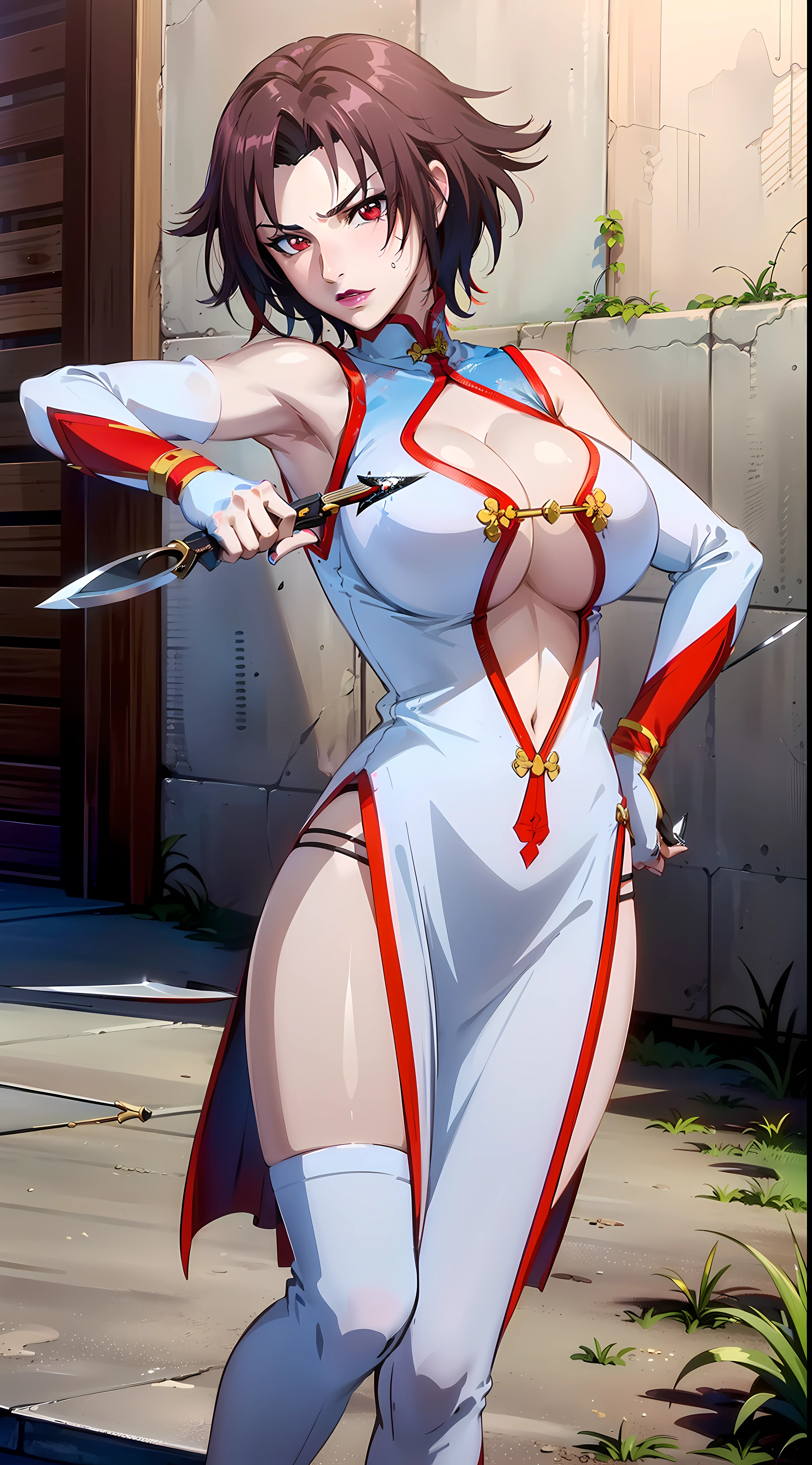 Lee Mayfeng, mature female, 1girl, nail fingers, makeup, large breasts, lipstick, red eyes, short hair, brown hair, chinese dress, dress, chinese clothes ,gloves, underboob, cleavage, kunai, weapon, throwing kunai, holding kunai, (((masterpiece, highres, ultra high detailed, high quality)))