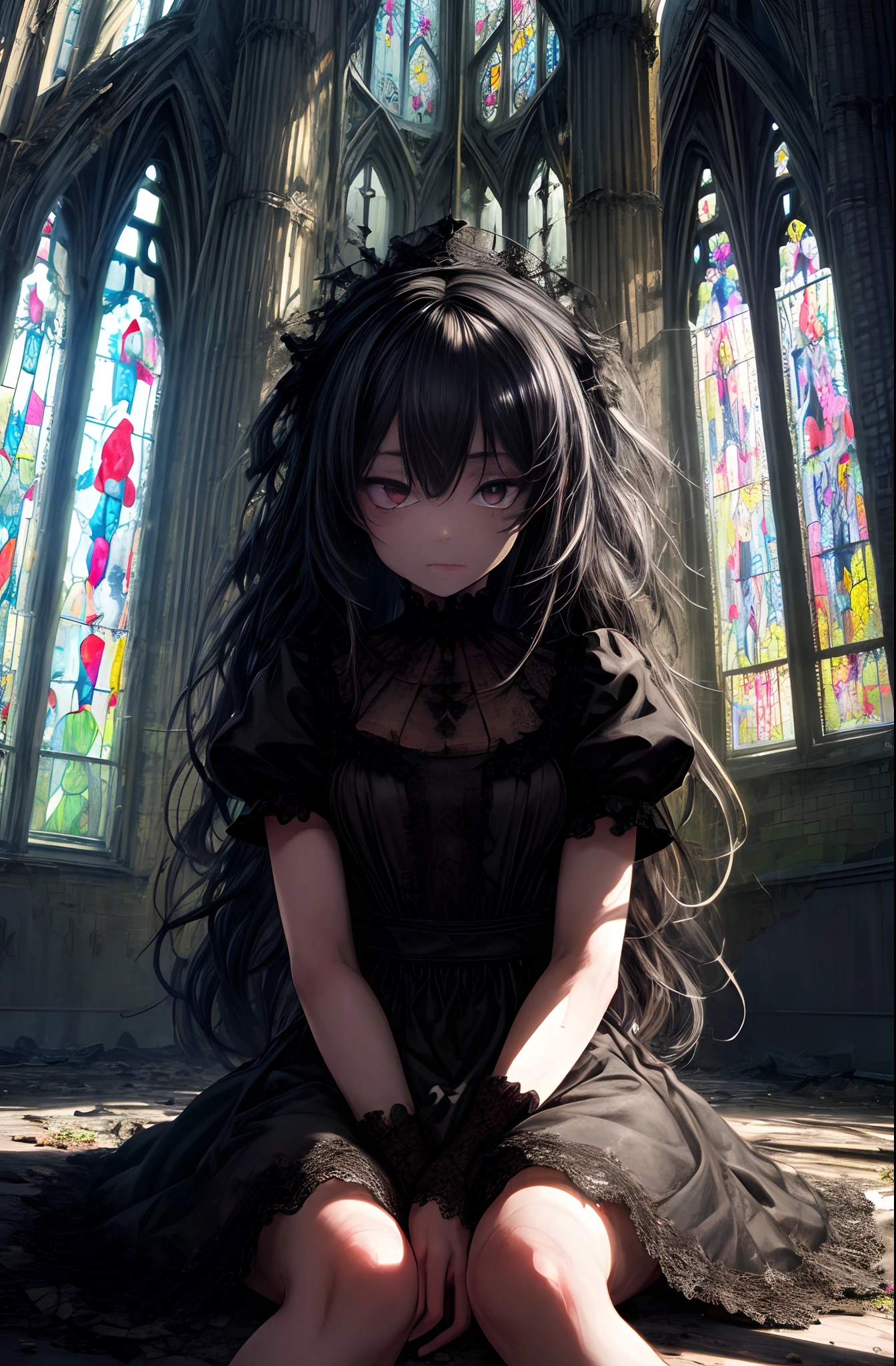 extremely detailed wallpaper, Super detailed details, detailed shadow, very precise detailed, extremely detailed 8K wallpaper, very fine 8KCG wallpapers,An old abandoned church. A girl sitting down. Her black dress is torn and stained in places. Her white dull hair is long and shaggy. Light is coming through a cracked stained glass window.