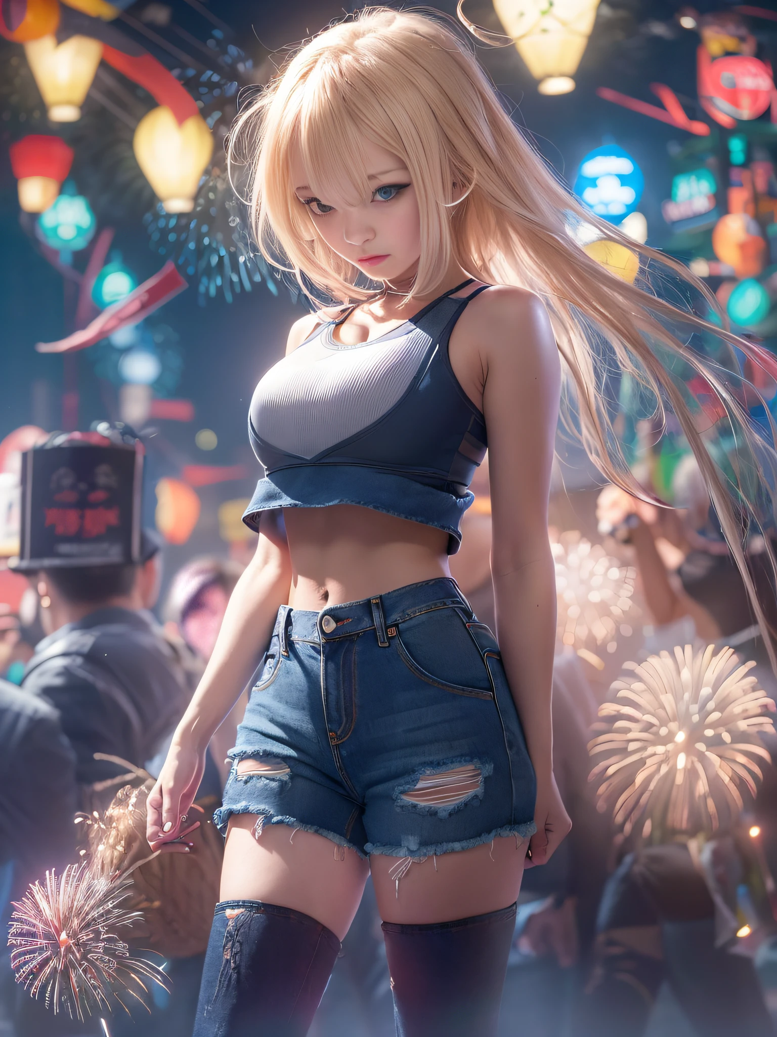 top-quality、​masterpiece、超A high resolution、(natta:1.4)、(starrysky)、(Photorealsitic:1.4)、Raw photo、Detailed CG image quality、(Fireworks Festival:1.4)、Beautiful fece、1girl in、Englishman、years、(blue eyess:1.4)、pink lipsticks、A smile、(((a blond:1.4)))、(skin tanned:1.4)、(((Sportsbra:1.4)))、(Low-rise denim pants:1.4)、Large bust、cleavage of the breast、big breasts thin waist、detailed portrait、8K picture quality、concept-art、Cinematic and dramatic atmosphere、(Shrine of Japan:1.2)、(Festival flag,)、Paper decoration、foco nítido、Volumetric lighting、Cinematographic lighting、Colorful neon lighting、depth of fields、Ambient lighting、Blurred foreground、blurry backround:1.3、portlate