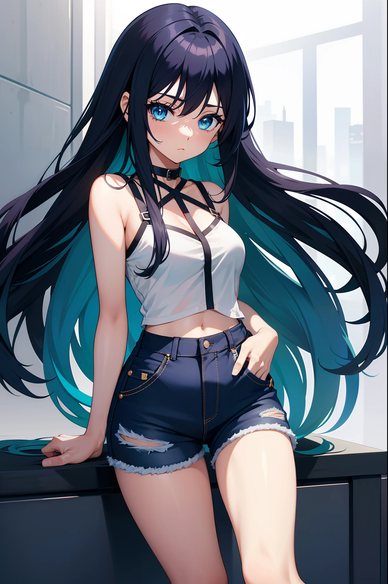 Blue long hair boy,flat chest,Extremely slim figure,White short-sleeved shirt,Bare waist,shorts,Thin legs,City