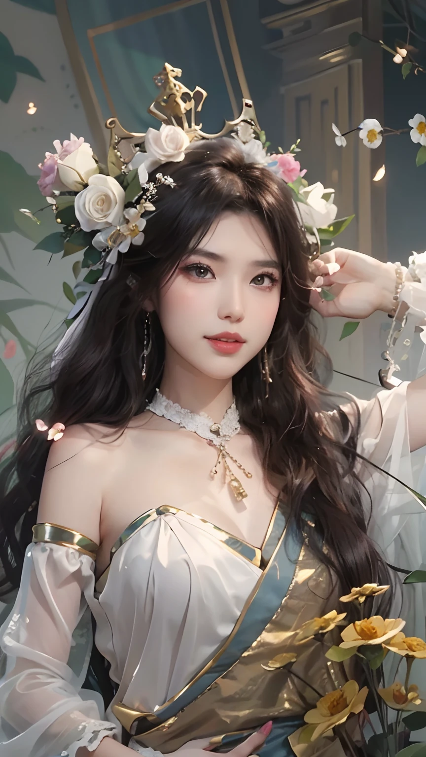 Beautiful long hair cute Chinese modern girl,Twenty-two years old,(face round:1.3),A shallow shy smile,(large black eyes),(Very detailed and perfect facial depiction),(Long dark brown hair:1.1),(Full-body appearance), (Stand on the shiny stage with a microphone:1.2), A shiny crown is worn on his head,White silk dress, facing to audience,(From the bottom view side), Sing with charming emotions, Happy look,(A variety of flowers:1.2),(surrounded by flower:1.2), beautiful sexy girl,(light and shadow effect),(vivd colour),(Obvious layers),(Ink painting style),(Photography Award),(8k wallpaper),(Masterpiece),(best qualtiy),A picture,realisticlying