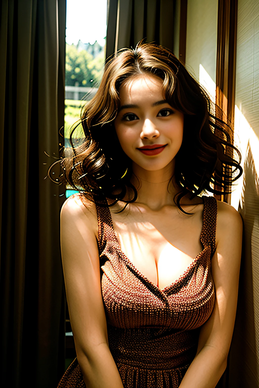 1girll,Fake smile,Curly hair,rejuvenation,Retro,Beautiful scenery,softlighting