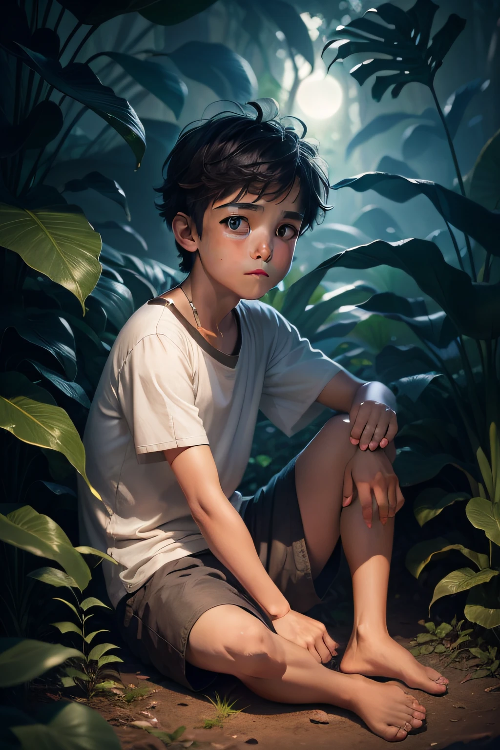 a boy sit in the middle of the jungle in moon light