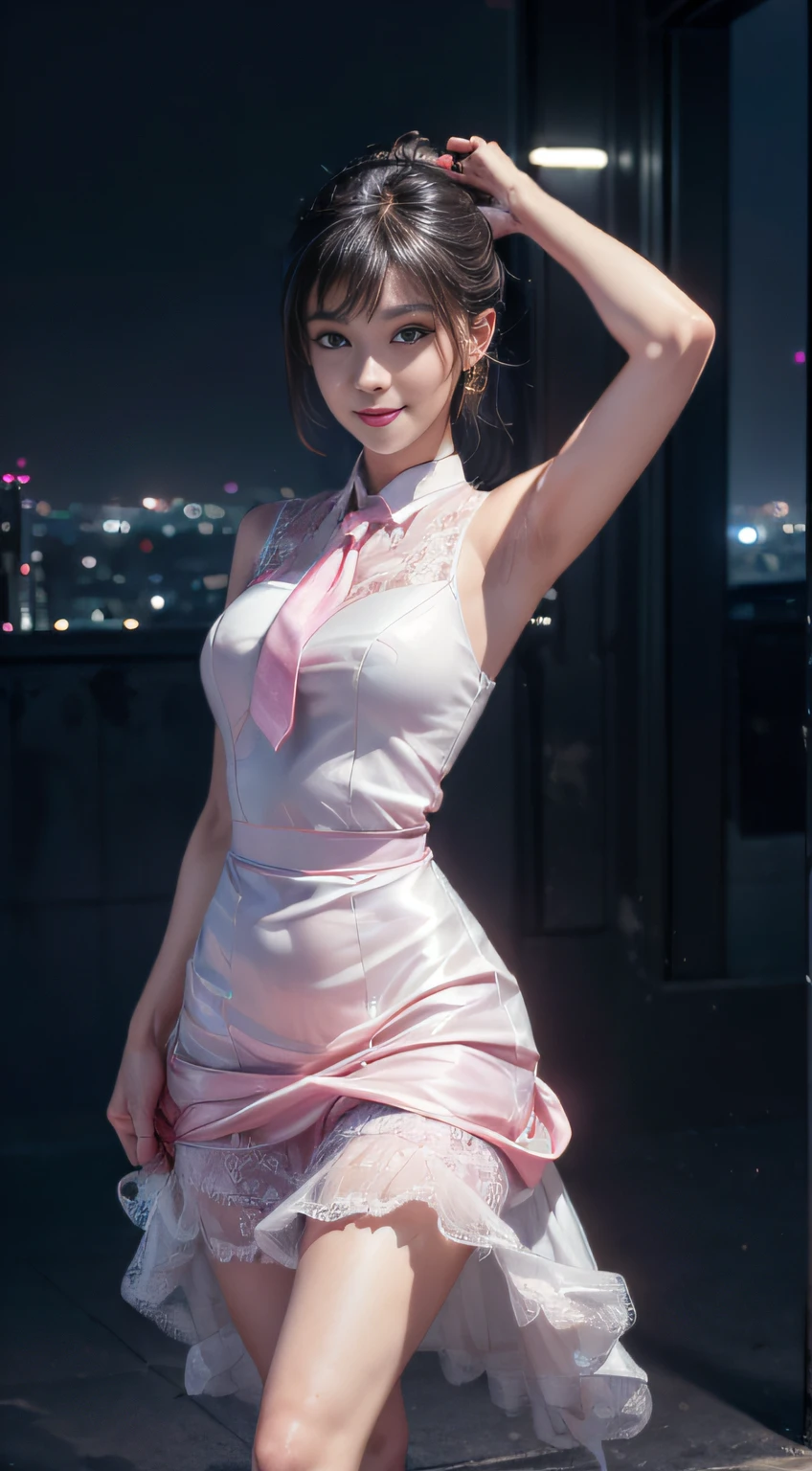 8K, Masterpiece, RAW photo, Best quality, Photorealistic, Extremely detailed Cg Unity 8K wallpapers, Depth of field, Cinematic light, Lens flare, Ray tracing, (Extremely beautiful face, Beautiful lips, Beautiful eyes), intricate detail face, ((ultra detailed skin)) 1girll, In the dark, deepshadow, Pretty Korean girl, Kpop idol,(Very slim and slender muscular body:1.3), ((view the viewer)),(Big smile:1.3), (bodycon minidress), (Injection sleeve) , (Dim lights, (neon lights sign), (Big building), City Night, Cityscape ), (No one is in the background:1.3), Pretty Korean girl, Earrings, bangle, Dia necklace, Pantyhose, Clear eyes, Walking , front footage, (Pale skin), Face forward, (Big eyes), ((upperbody shots)), ((silk tie)), ((Pink, white dresses:1.3)), (view the viewer:1.3), (see through, laced dress), Open breasts, Hermès bag