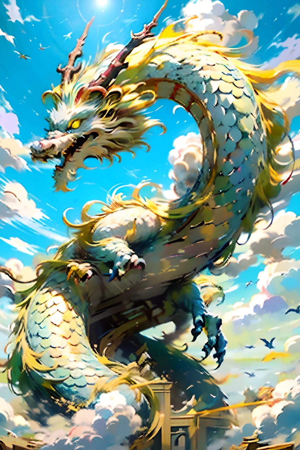 Best quality,masterpiece,ultra high res,nu no humans, (long:1.2),sky, yellow eyes, cloud, scales, eastern dragon, open mouth, sharp teeth, flying, horns, teeth, day, claws, fangs, blue sky