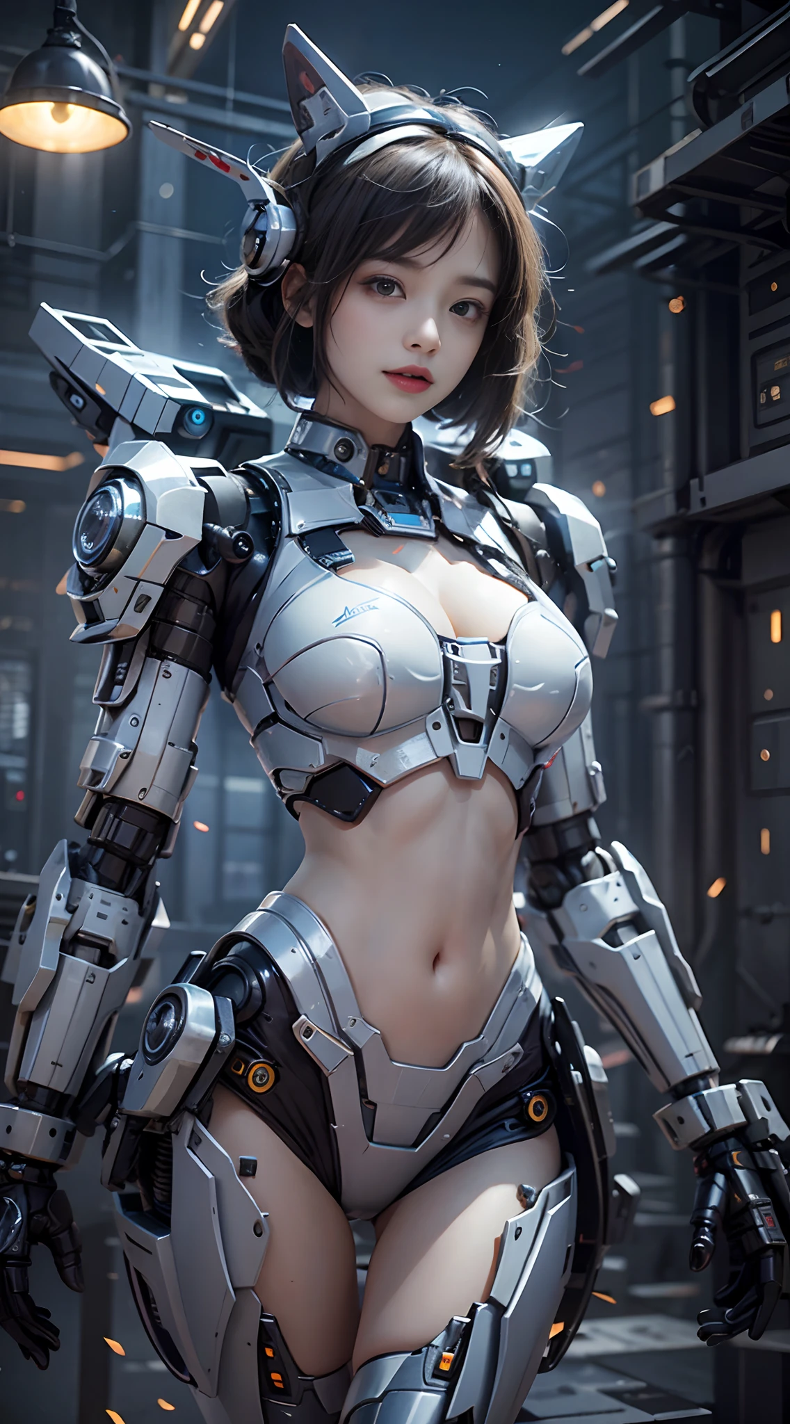 Ultra-realistic, Very detailed, (Pink short hair, Brown eyes, Cleavage, black, transparent, See-through Armor:1.5, Clothing cutouts, Blurred Background, sf, Exquisitely crafted, Half-mechanical humanoid,Too much exposed skin,cyber punk,whole body), (Future city night view background:1.25,Blur the background),  masterpiece, Highest quality, Wide-angle, Very detailedな, masterpiece, Highest quality, 8k, Natural light, Soft lighting, sunlight, High resolution (High Dynamic Range), Maximum clarity and sharpness, Multilayer Texture