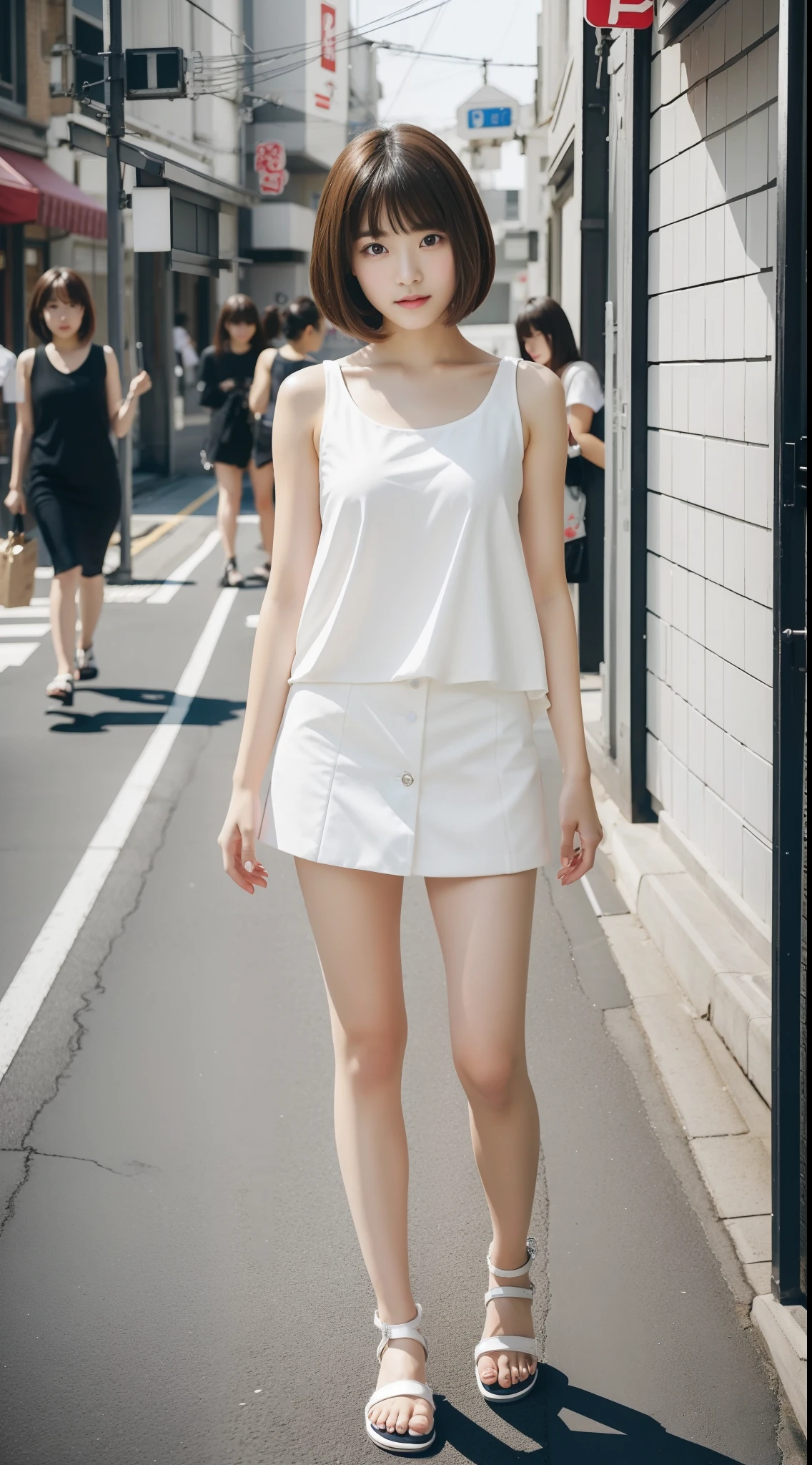 1girl in、夏天、japanese street、short brown haired、Clear focus:1.2、Highly detailed facial and skin texture、top-quality、8K、full body Esbian、beauty legs、Kawaii Girl、walking in city、realistic skin textures、high-level image quality、Tank Tops、tight miniskirt、beauty legs、sandal