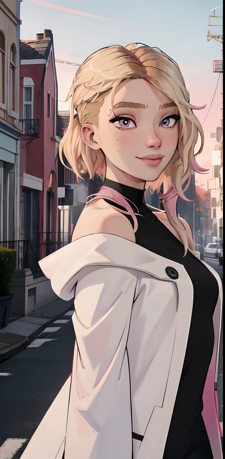 Best quality, Ultra high resolution, 1 girl, solo, upper body, Sky, City, street, Blonde hair, (Pink eyes: 0.5), stylish, Off-the-shoulder, oversized coat,high details,HD, detailed eyes, aesthetic filter,wind blowing on hair, blonde girl, smiling