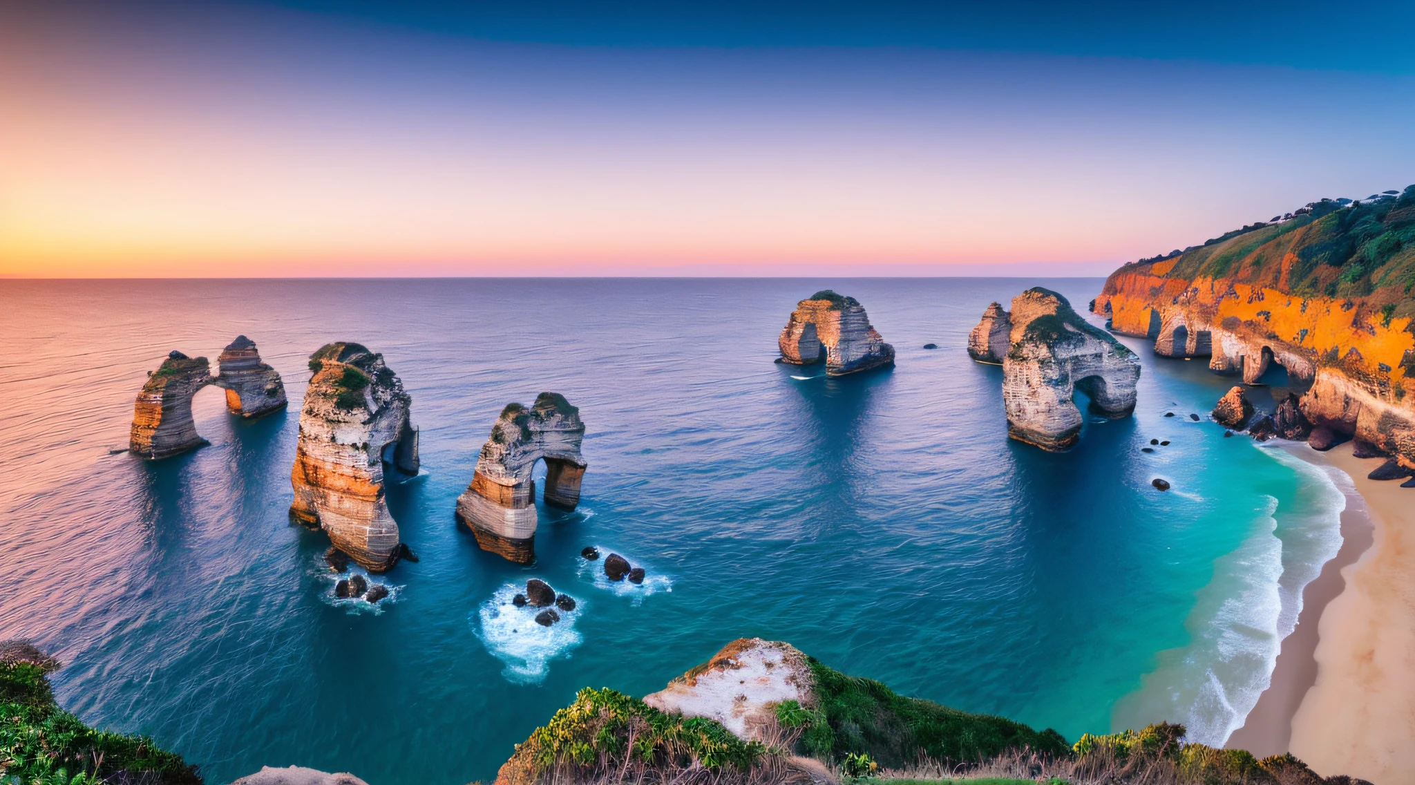 Coastal scenery with cliffs and sea waves, Highlight for the beauty of the sunset with shades of pink and orange. Concentre-se em uma pessoa sentada na beira do penhasco, Olhando para o horizonte, brilho da noite, distant view, realista, cores ricas, lindo e colorido, lente grande angular, filming at night, filme positivo, Estilo naturalista, High Definition Footage.