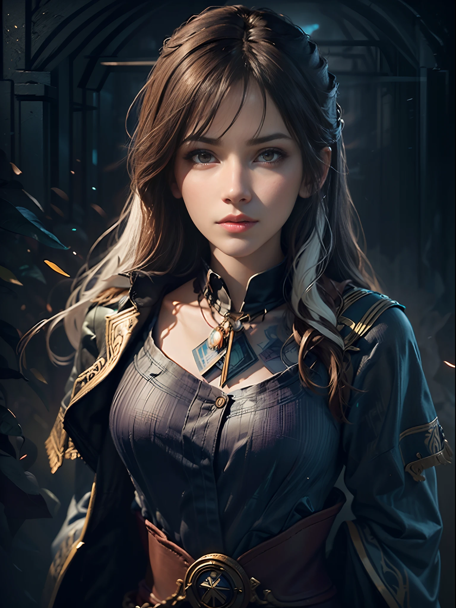 Hyperrealist portrait of female by david hockney and alphonse mucha,fantasy art, photo realistic, dynamic lighting, artstation, poster, volumetric lighting, very detailed faces, 4 k, award winning,, 1girl, in the dark, deep shadow, low key,cowboy shot,(official clothing:1.4) ,long hair,white hair,