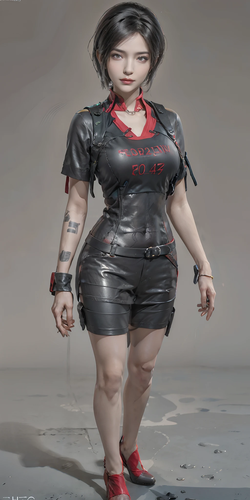 photorealistic, high resolution, soft light,1women, solo, hips up, (detailed face),  Ada Wong in the Resident Evil 4 remake， short detailed hair， brunette color hair， Red cheongsam， Short-sleeved shirt，， nedium breasts， upper legs， hindquarters， black heels, tattoo, jewelry