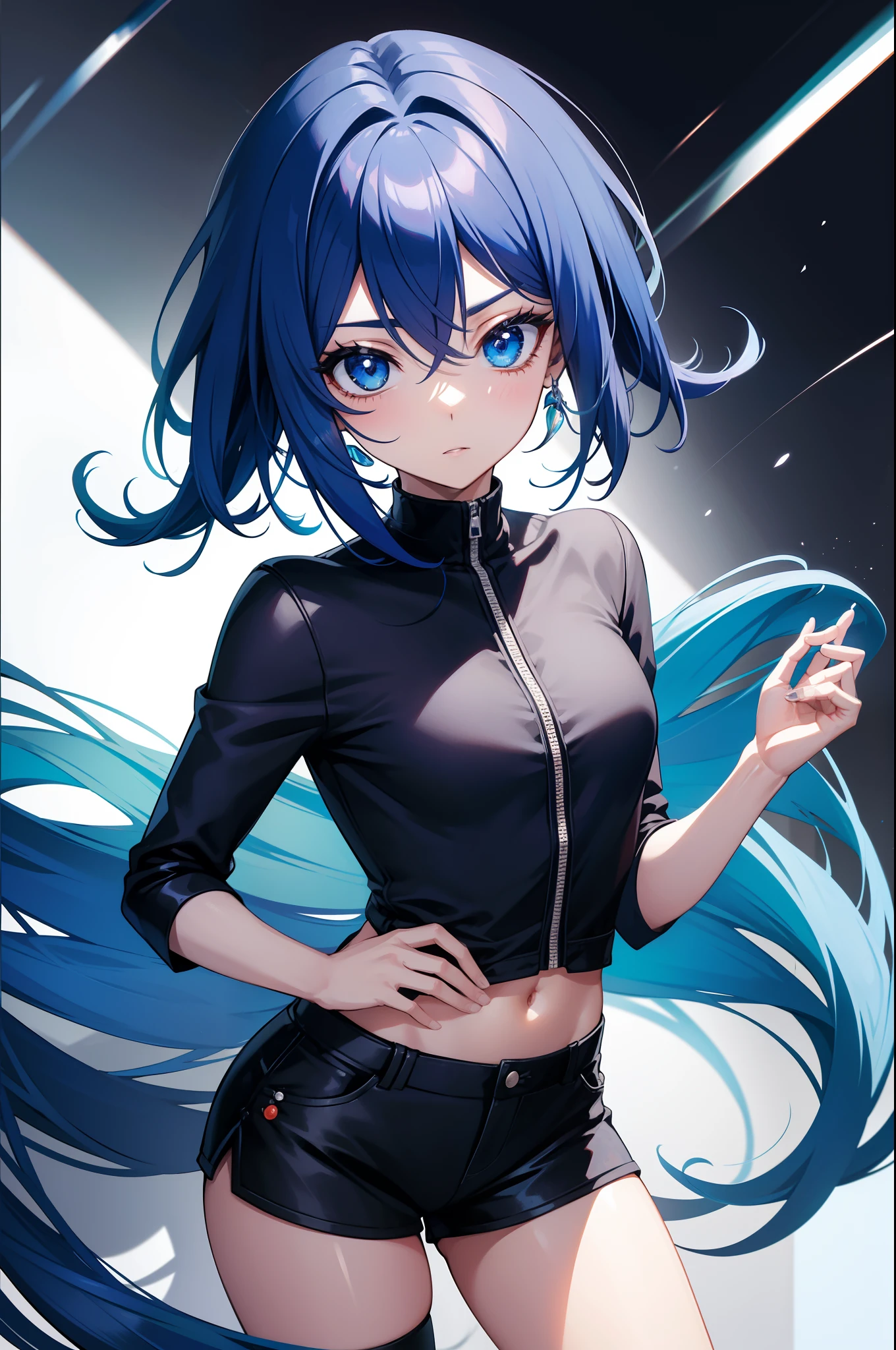 "Personagem de anime, cabelo curto, cabelo azul claro, olhos amarelos,  roupa preta, top preto, shorts curtos pretos, sedutora, peitos pequenos, hand in pocket.