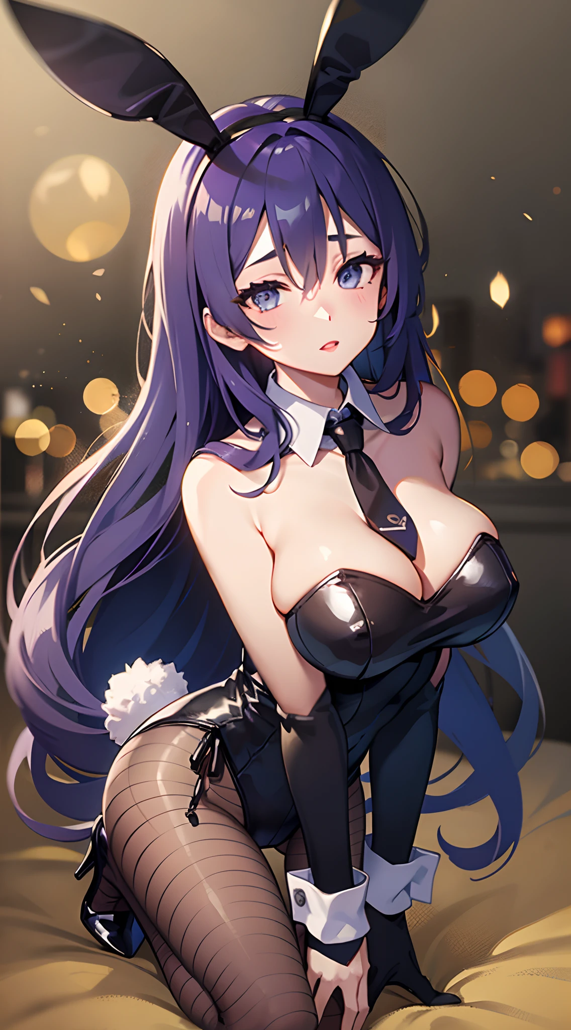 1girl in, Playboy Bunny, Solo, Animal ears, Rabbit ears, high-heels, Long hair, pantyhose, tail, Very long hair, Wrist cuffs, Rabbit tail, Leotard, Large breasts, cleavage, neck tie, fish net, Fake animal ears, Bedroom, Detached collar, bent over, Leotard, Full body, black necktie, strapless leotard, Blanc \(nikke\)