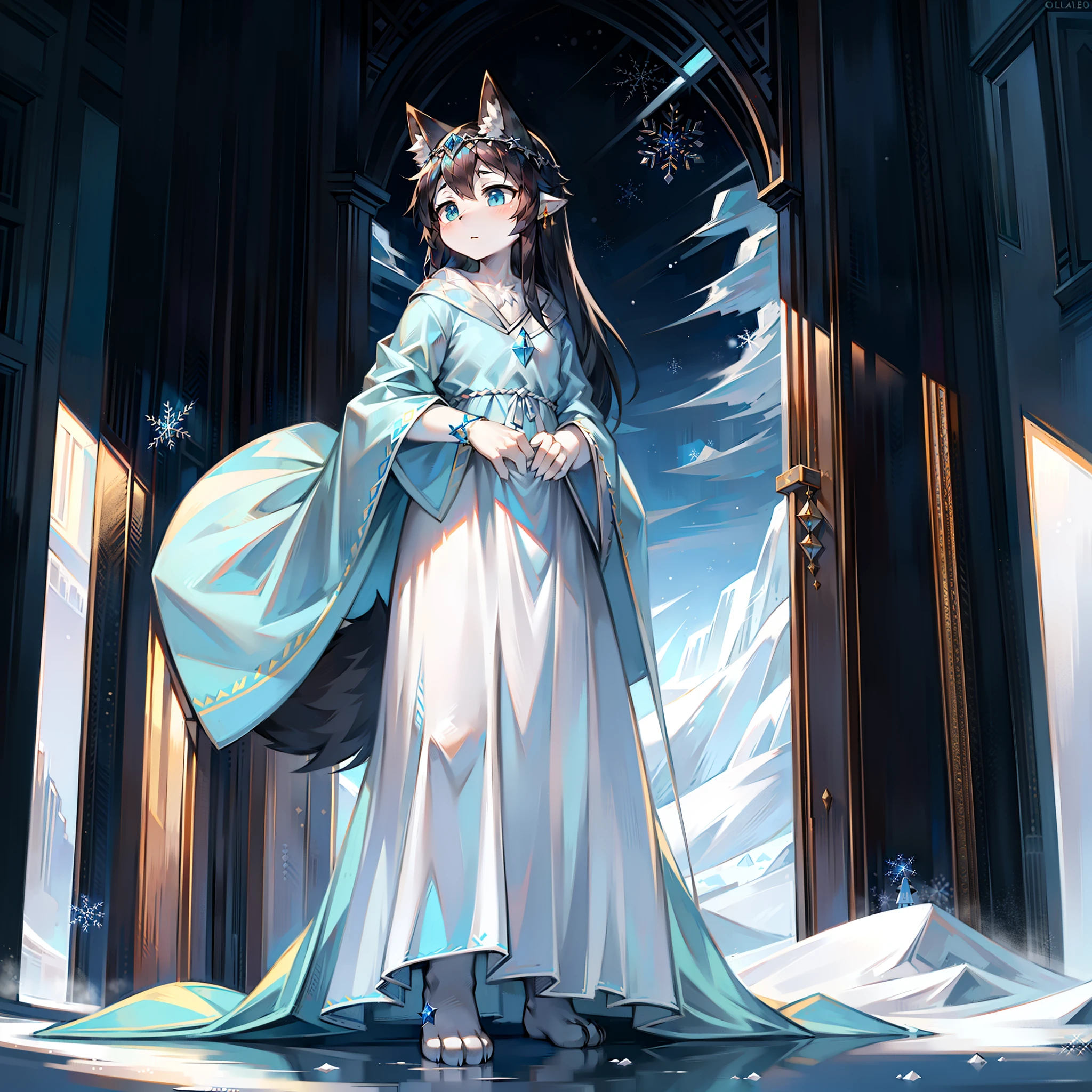 Black Haired Wolf,Ambiguous gender,long whitr hair,Shota,adolable,solo person,Sky blue robe,Simple robes,flowing robe,Ice and snow,Stand in the valley,Vacant land,The cloudy,Skysky,looking to sky,Snowflake costume,Noble dress,facing away from the audience,long and flowing hair,ear jewelry,Gorgeous headdress,A worried look,Look up at the sky,In the daytime,Look out for the sunrise,At sunrise