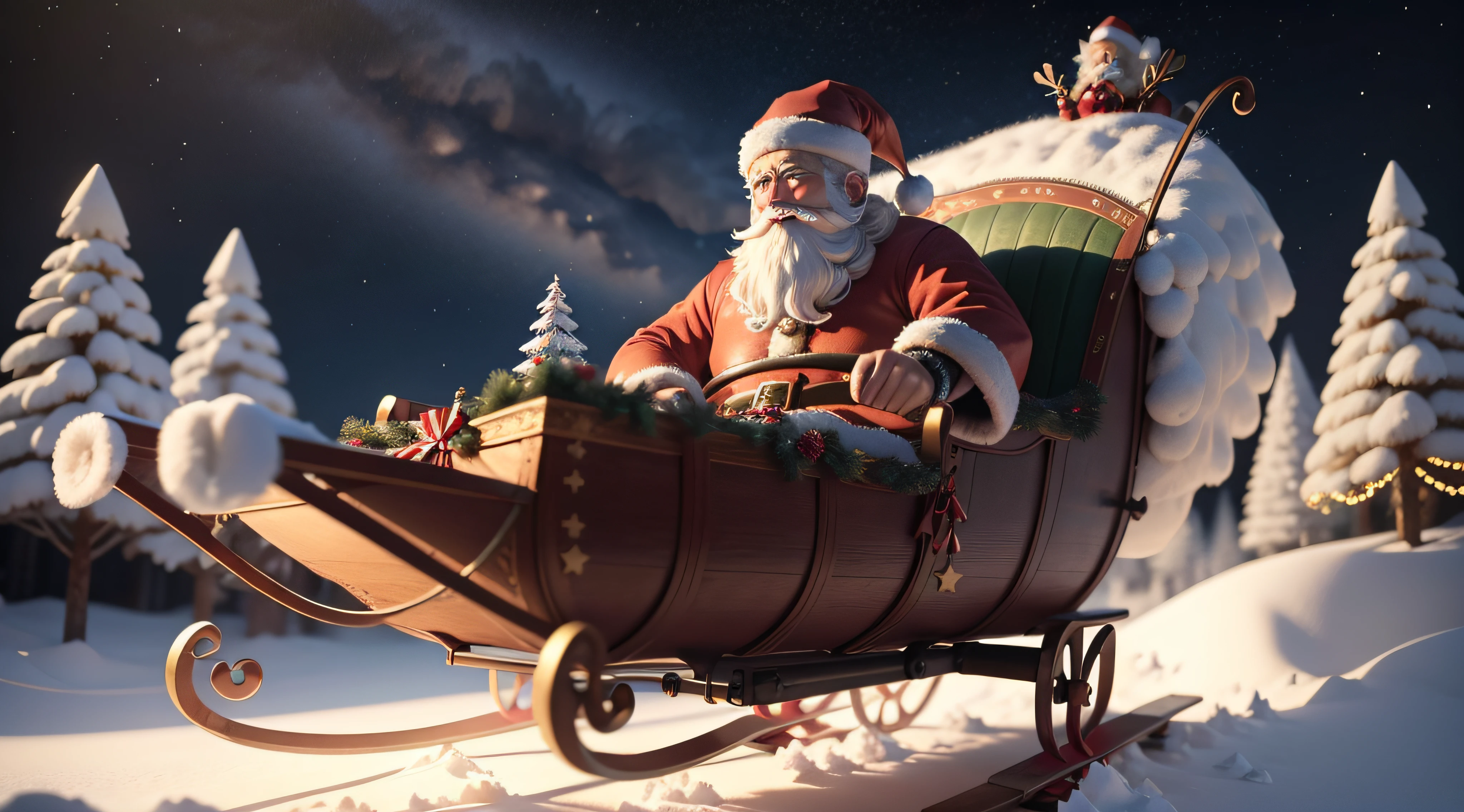 high detailed 3d render cute and happy santa claus in a flying sleigh with reindeers, in a track in center with pine trees around, happy stars, for kids