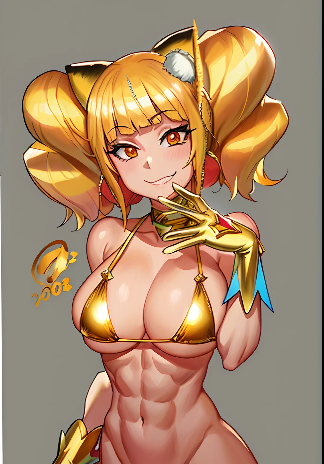 Cartoon image of a man in a golden bikini with cat ears, Long blonde boy, white glove, muscular, marin kitagawa fanart, by Kentaro Miura, shoun, fanart, digital anime art!!, pixiv 3dcg
