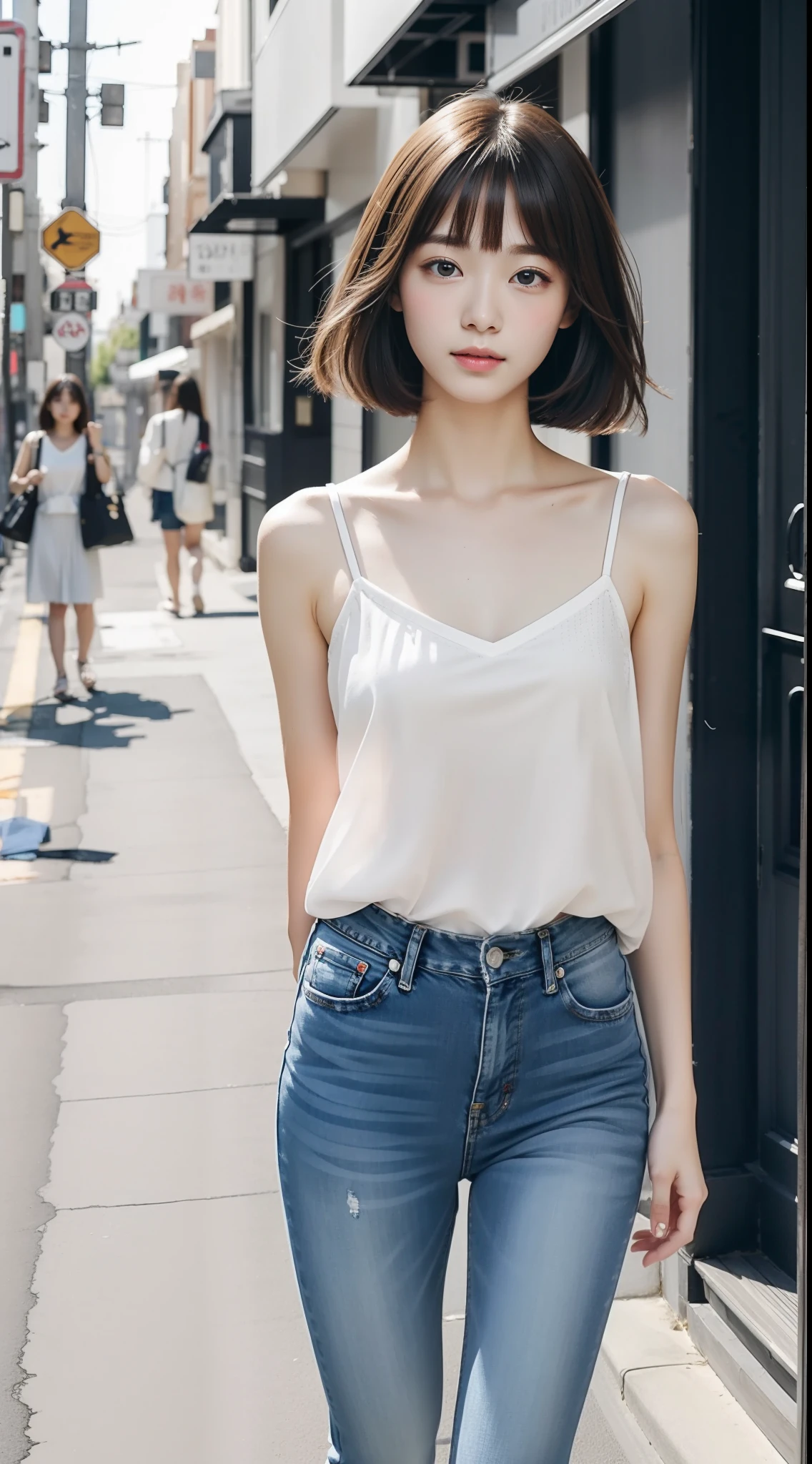 1girl in、夏天、japanese street、Camisole、Denim skinny pants、short brown haired、Clear focus:1.2、Highly detailed facial and skin texture、top-quality、8K、full body Esbian、beauty legs、Kawaii Girl、walking in city、