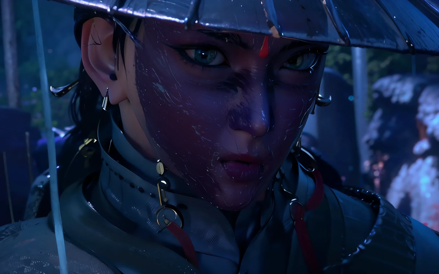 Araved woman with black umbrella and red face, Super detailed content : face, blue face unreal engine, 8K highly detailed face, portrait ninja gaiden girl, ps5 cinematic screen capture, ghost of tsushima, villain wearing a red oni mask, closeup shot of face, full body close-up shot, closeup of face, Ultra HD facial detail