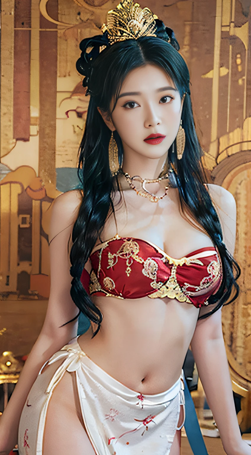 (masterpiece, 8k_wallpaper:1.2 ), Soft and long hair,light blue hair,white hip wrap dress,golden crown,mooning,big long legs, Perfect body proportions,look down, look at viewer,  bun,Closed_Mouth,Earrings,jewelry,Lips,red lip,eyelashes,jewely,choker necklace,lipstick,