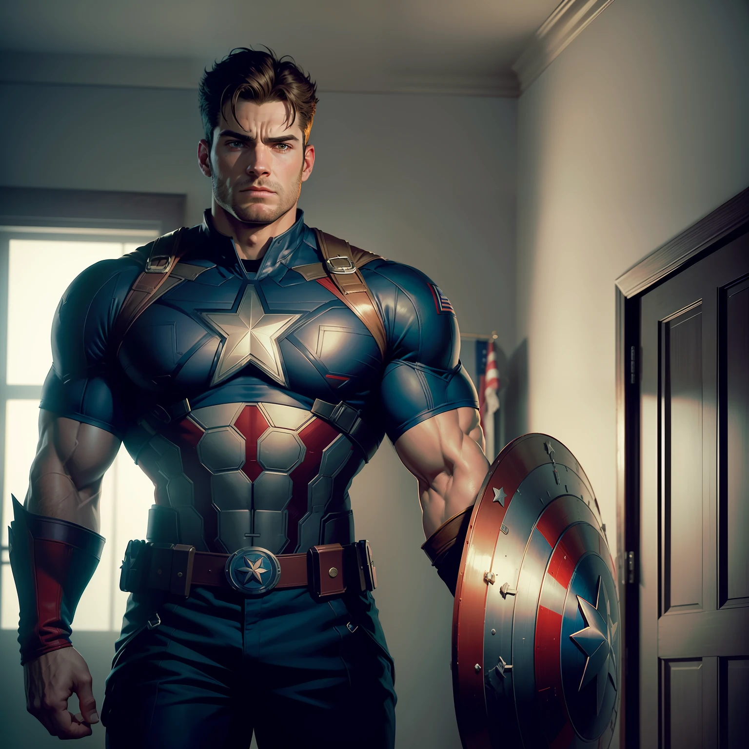 there is a man standing in a room with a flag on the wall, his cape is the american flag, chris evans as a powerlifter, american man, Donald Trump as captain america, muscular male hero, Ron DeSantis as captain america, portrait of captain america, made in unreal engine, henry cavill as wolverine, created in unreal engine 5, captain america
