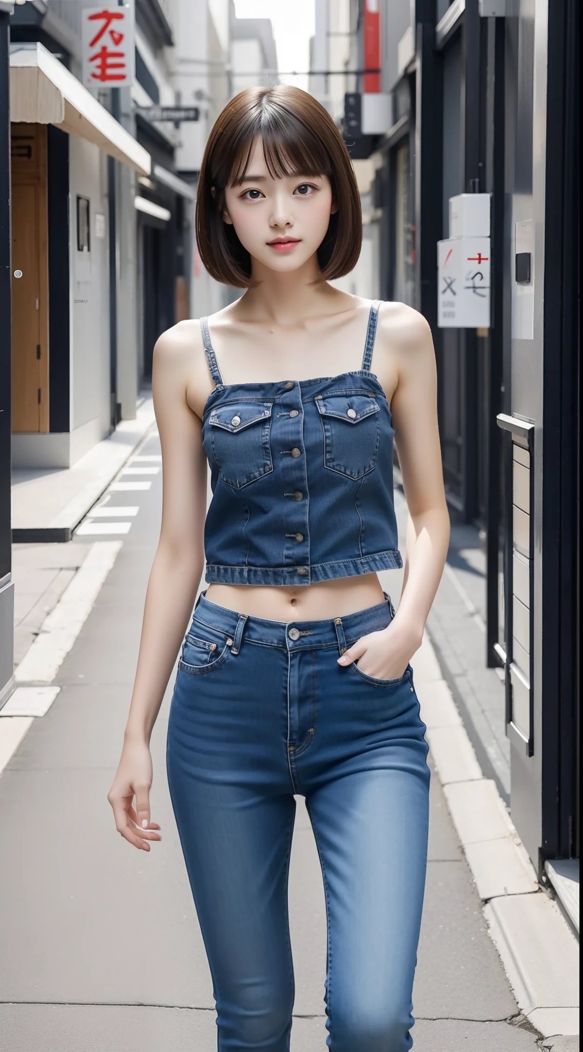 1girl in、夏天、japanese street、Camisole、Denim skinny pants、short brown haired、Clear focus:1.2、Highly detailed facial and skin texture、top-quality、8K、full body Esbian、beauty legs、Kawaii Girl、walking in city、