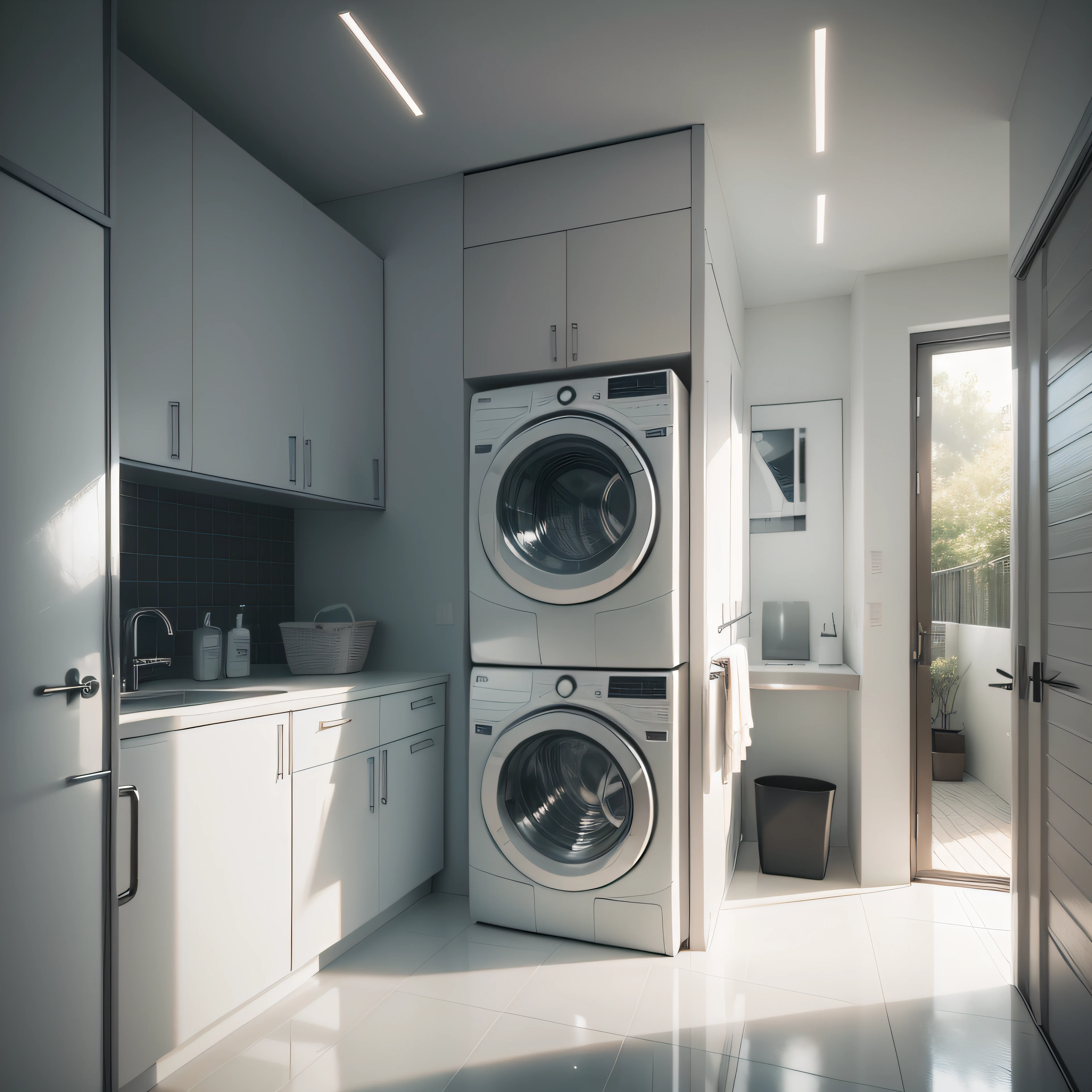 modern house, modern minimalist laundry, modern laundry, inox laundry, laundry with two washing machine,, modern, minimalist laundry, rich laundry, architeture, grayish ambient, natural light, iluminated ambient, laundry with a washing tank, few cabinets with some organizated towels