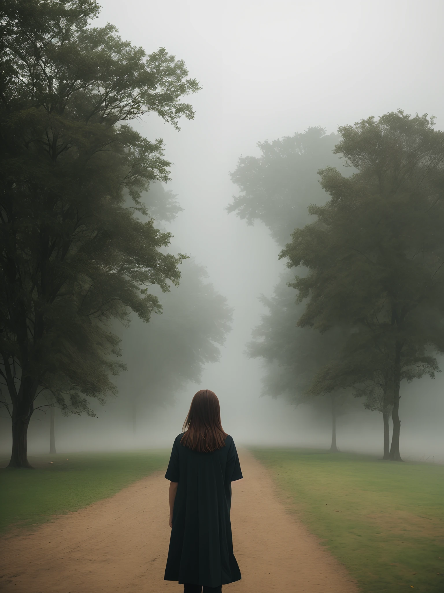 The girl's back left the mist and turned back