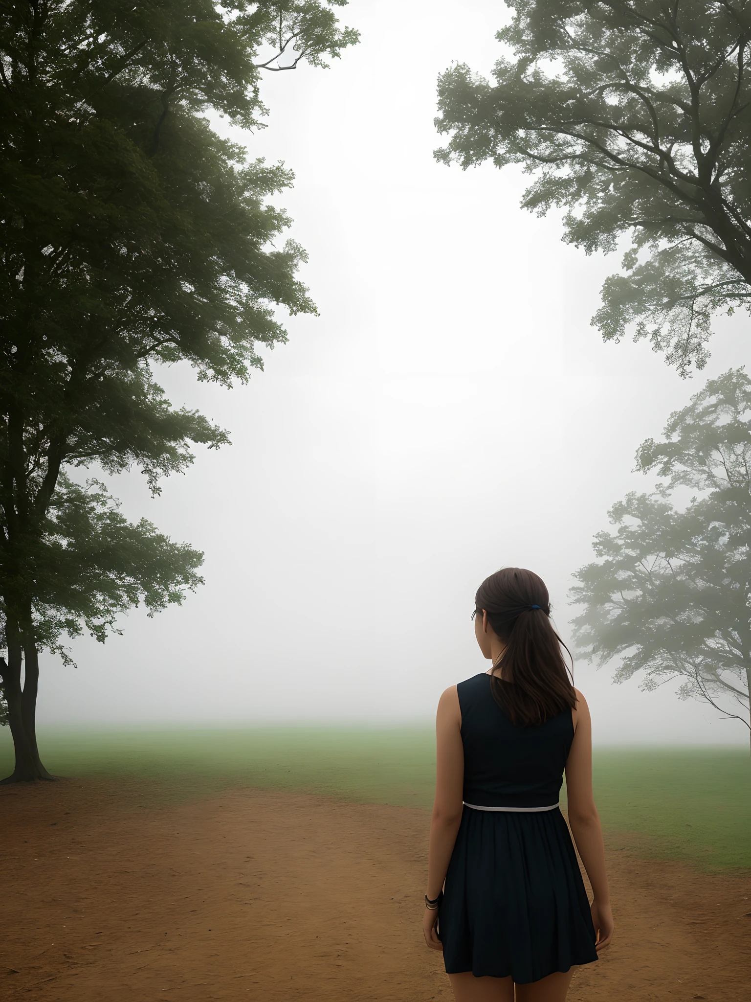 The girl's back left the mist and turned back