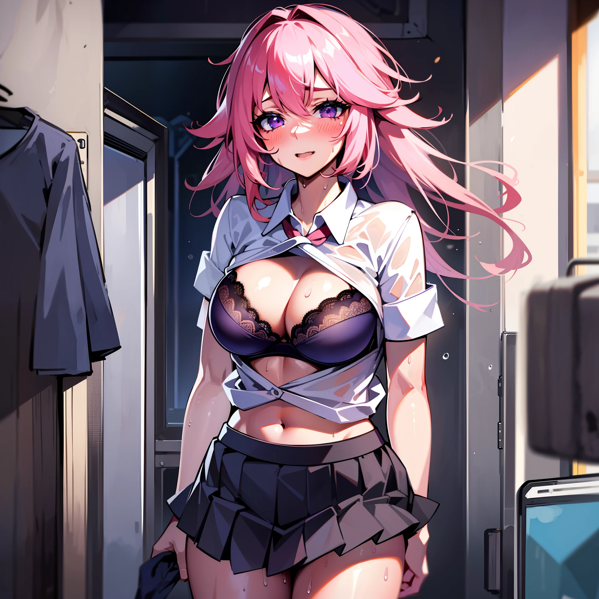 realistic, masterpiece, best quality, high definition, sa1, high school girl, single, solo girls' changing room, sweat-soaked pink hair, purple eyes, sweat-soaked school uniform, , white shirt, skirt, black skirt, open shirt, bra, sheer bra, navy blue high socks, sweat-wet skin