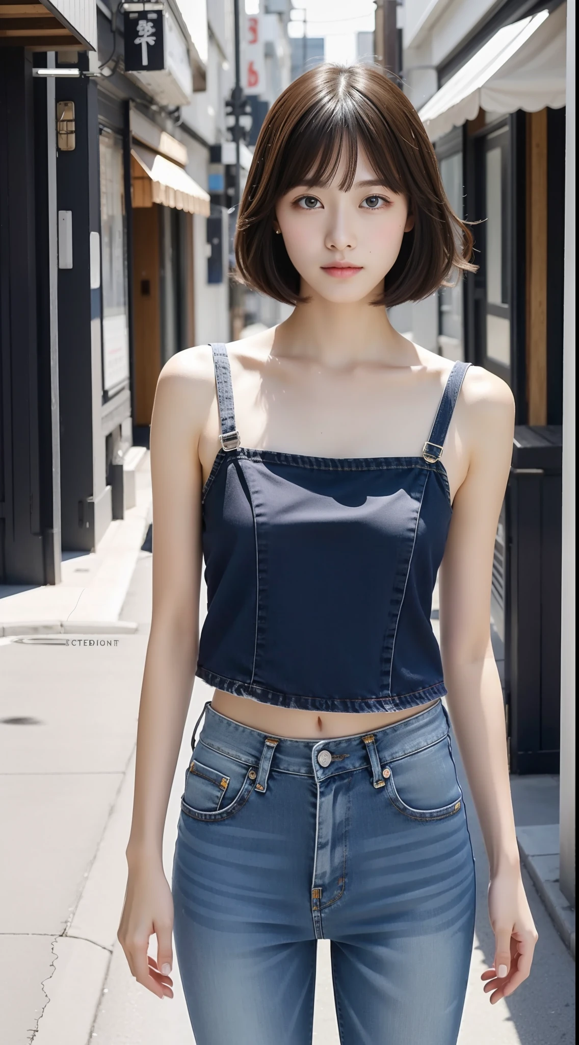1girl in、夏天、japanese street、Camisole、Denim skinny pants、short brown haired、Clear focus:1.2、Highly detailed facial and skin texture、top-quality、8K、full body Esbian、beauty legs、Kawaii Girl、walking in city、