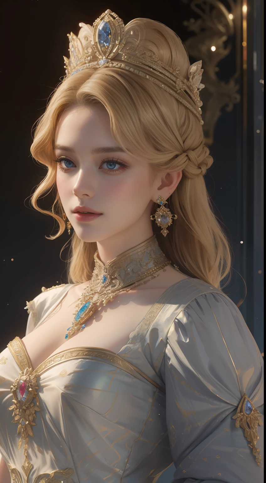 tmasterpiece,Highest image quality,Beautiful bust of a royal lady,Delicate blonde hairstyle,Embellished with a dazzling array of intricate jewelry,super detailing,upscaled。