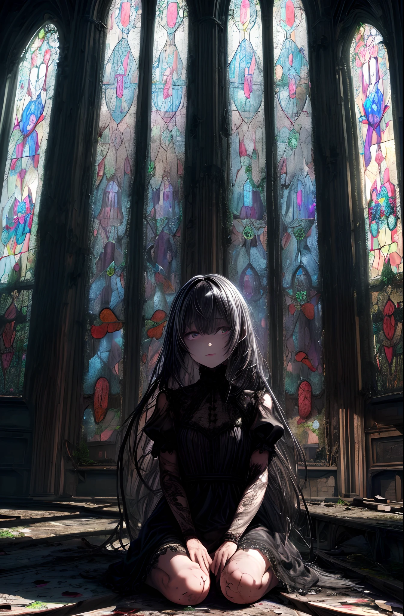 extremely detailed wallpaper, Super detailed details, detailed shadow, very precise detailed, extremely detailed 8K wallpaper, very fine 8KCG wallpapers,An old abandoned church. A girl sitting down. Her black dress is torn and stained in places. Her white dull hair is long and shaggy. Light is coming through a cracked stained glass window.