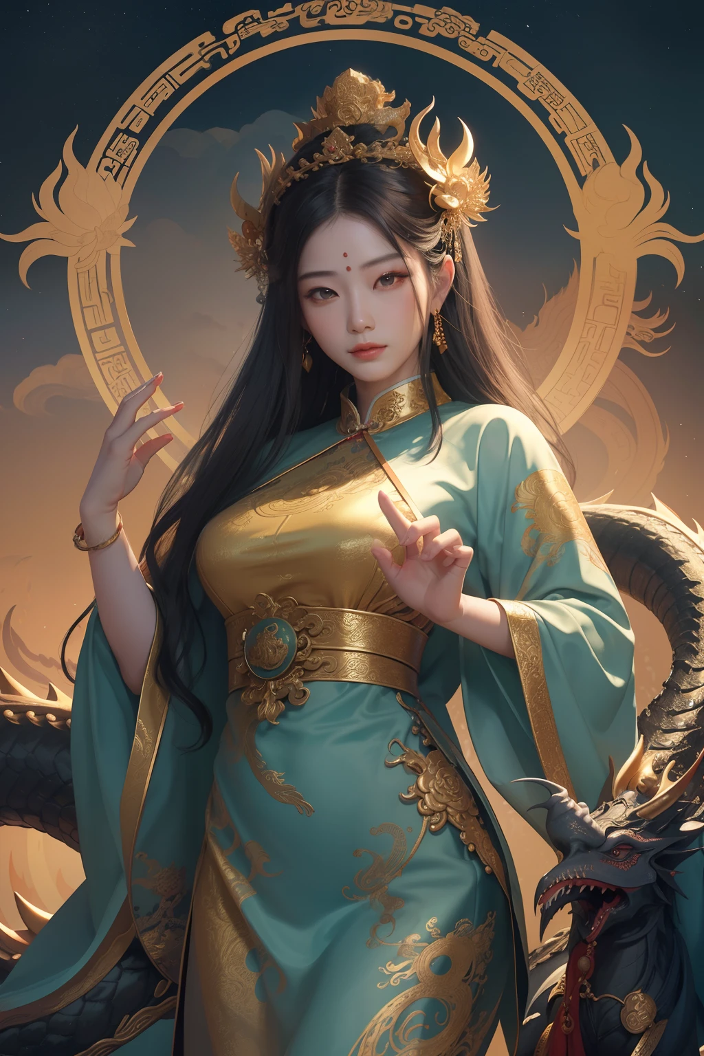 an ancient Chinese goddess, guanyin of the southern seas, Guanyin, Inspired by China, Avalokiteshvara rides a dragon,,Serene expression,shui mo hua,Buddha,Buddhist,Lotus,Chinese painting style,Thangka style