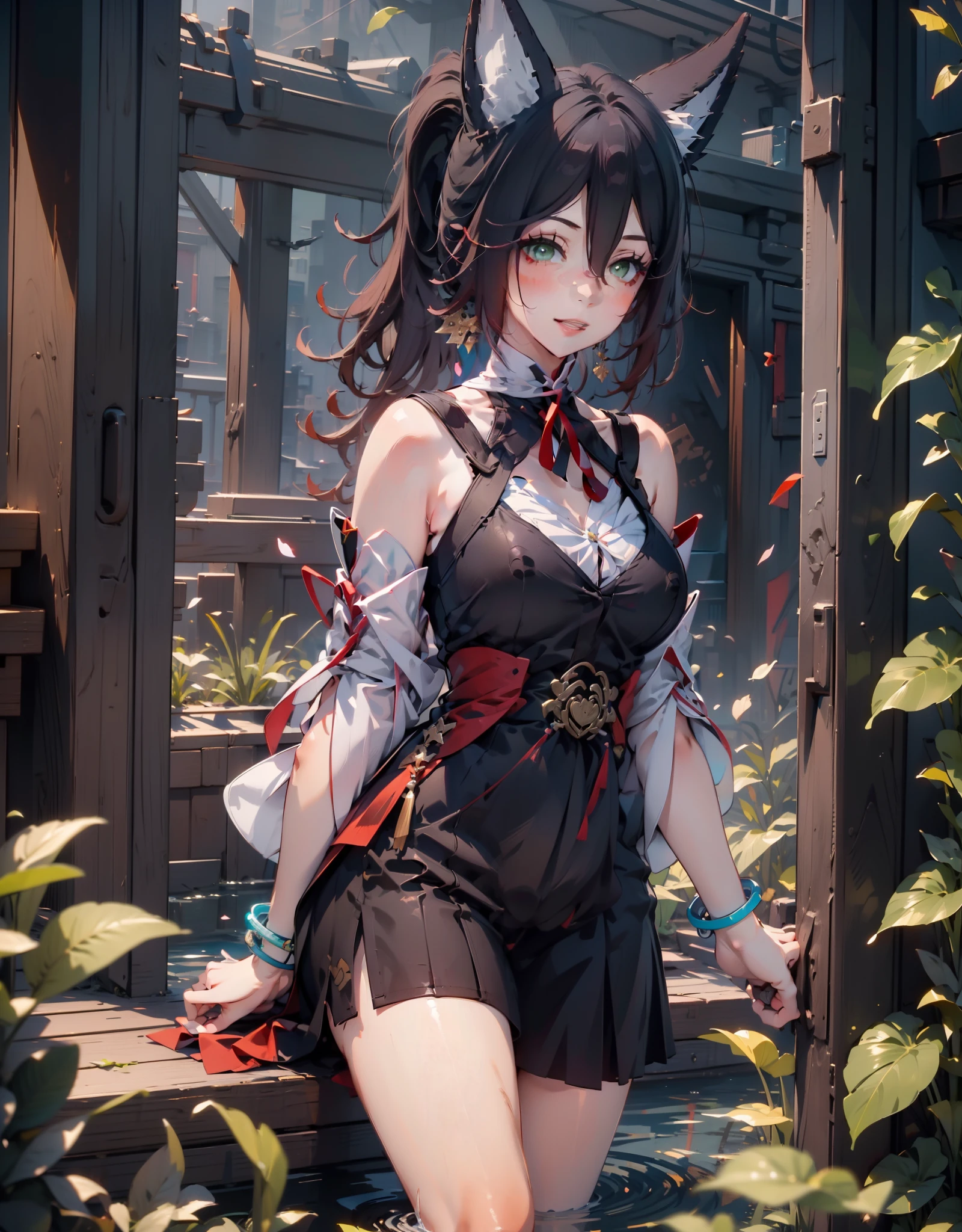 (masterpiece、top-quality、top-quality、Official Art、beauty and aesthetic:1.2)、(flat-colors:1.3)、Highly detailed and detailed face and eyes、Movie Light、SFW、animesque、depth of fields、1 girl in、Tempting smile、独奏、official、brown haired、fox ear、poneyTail、hairaccessories、verd s eyes、Red eye shadow、jewely、split sleeves、mideum breasts、doress、tailed、A bracelet、End credits、Slightly open mouth、 chinese style background、kirakira、Girl listening to a bag of money,masterpiece:1.3),(Top image quality),(Top image quality:1.2),(superfine illustration:1.2),(Top image quality)、(Works of monks)、(8k wallpaper)、hight resolution、Lying on the surface of the water、Petals floating on the surface of the water,see -through,thighs thighs thighs thighs,crouching down、Medium Waist